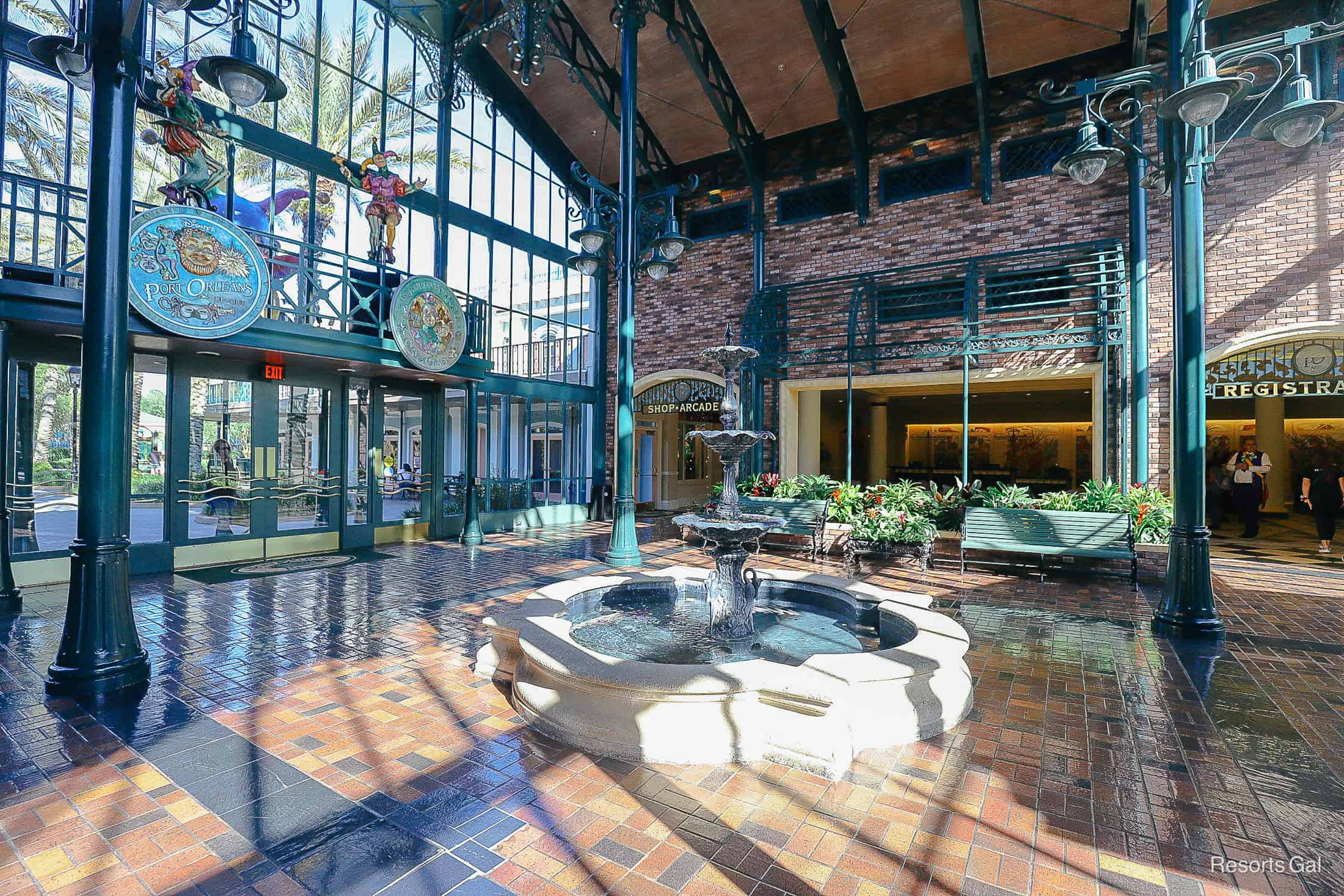 angle of the lobby of Port Orleans French Quarter Resort 