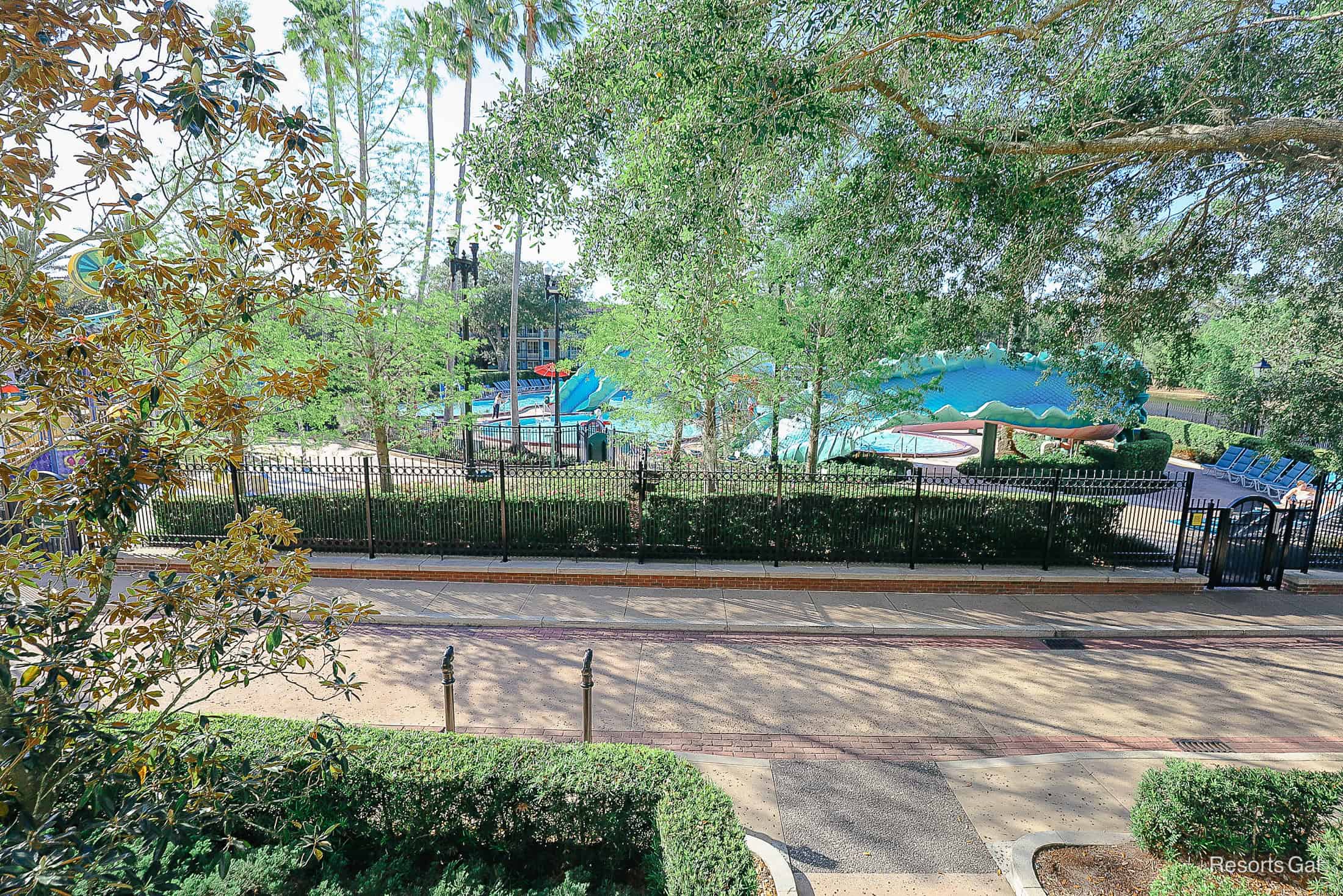 a view of the Doubloon Lagoon swimming pool from building two at Port Orleans French Quarter 