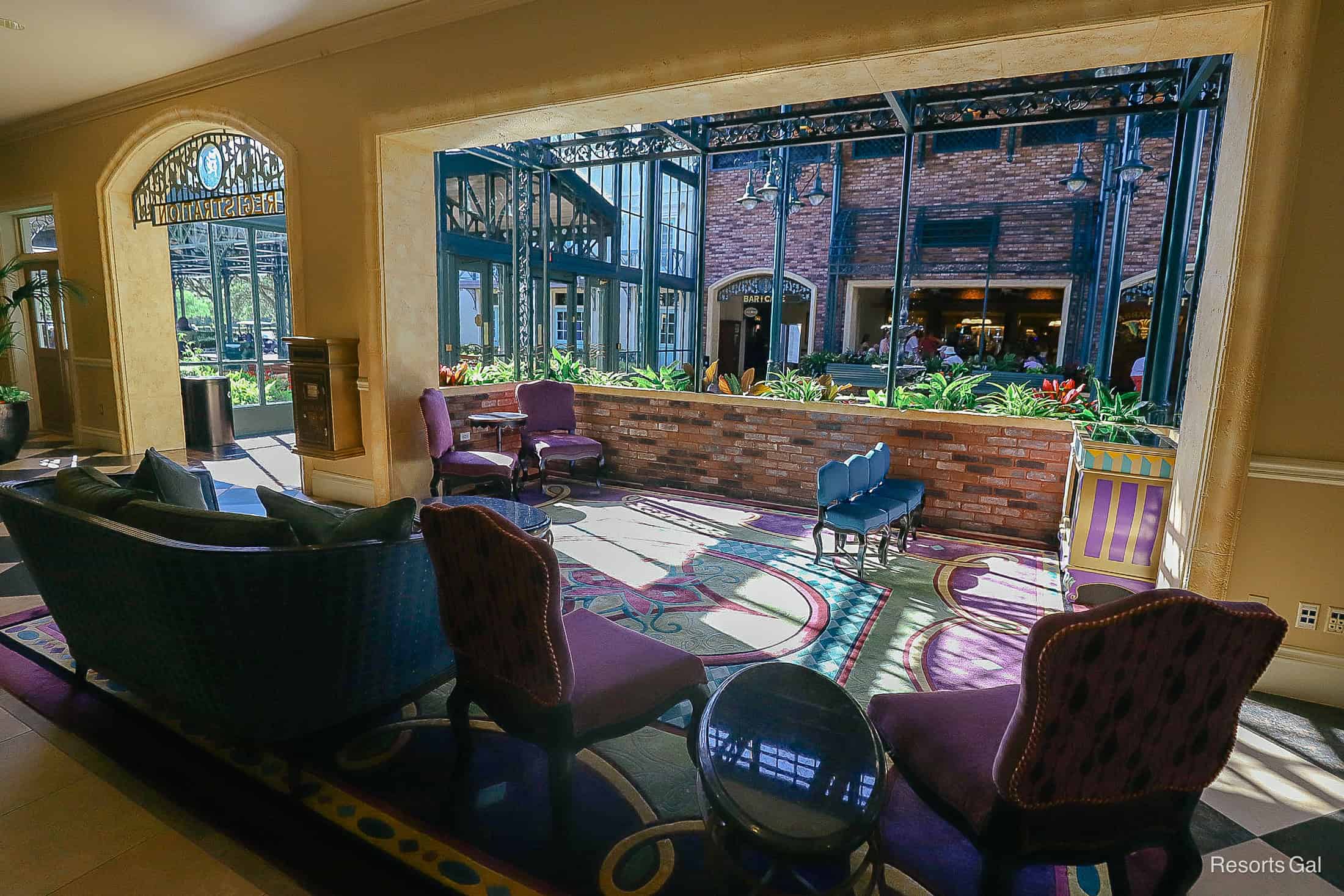 a small royal purple sitting area off the lobby 