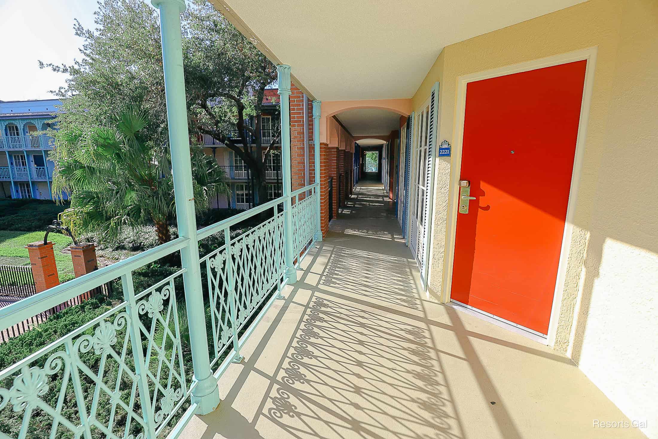 an outdoor exterior hallway to rooms at the French Quarter 