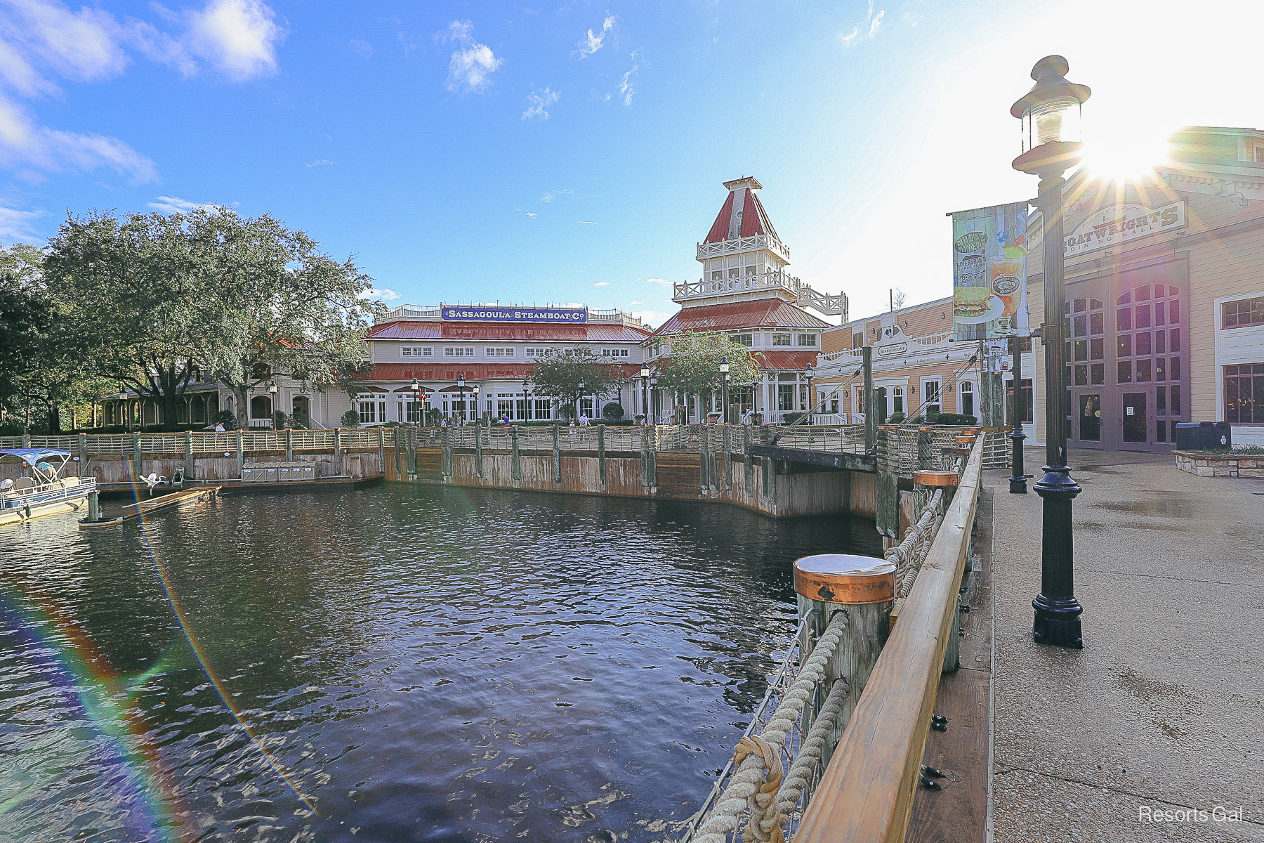 Port Orleans Riverside from the bridge with the sun shining brightly. 