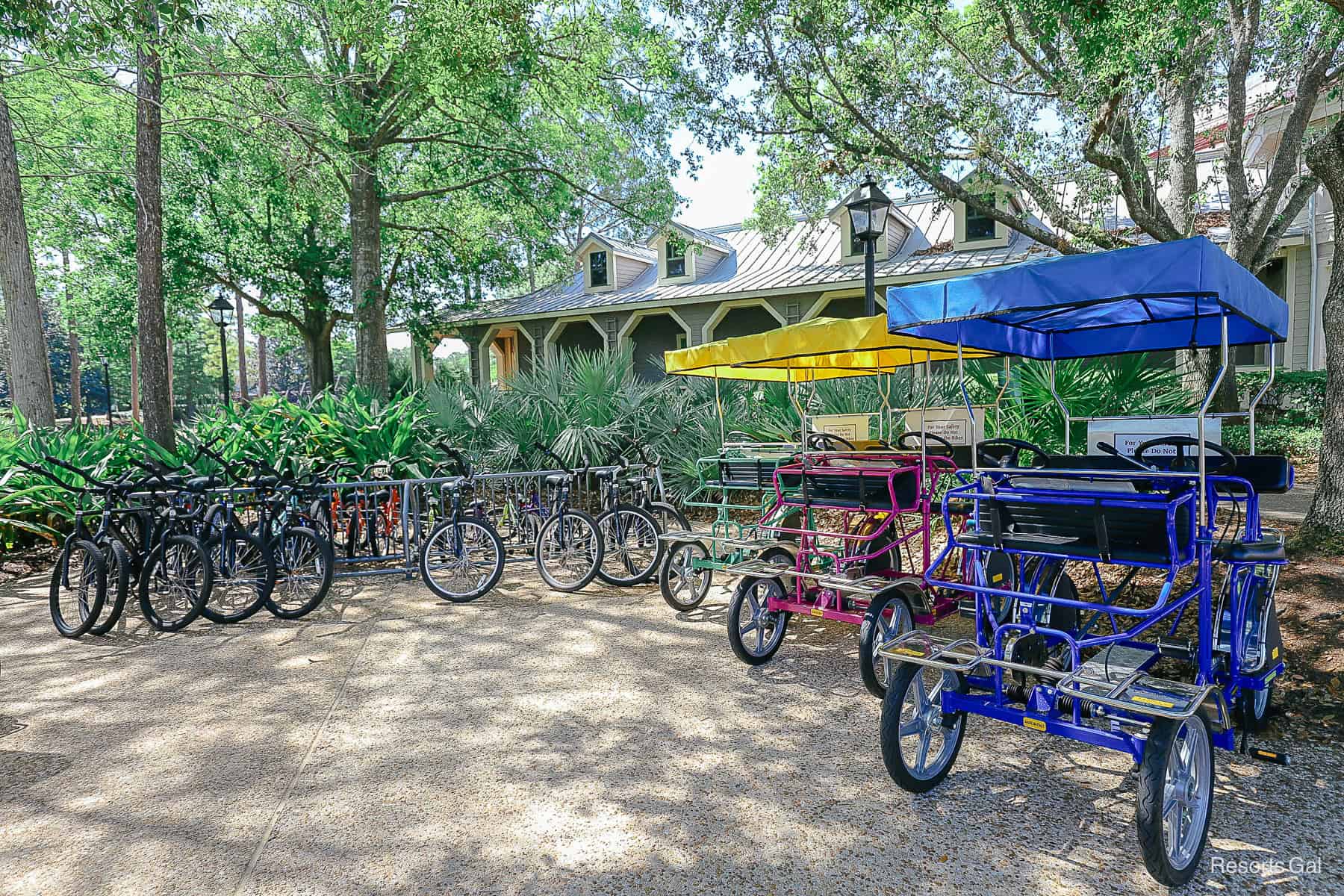 bicyles and a couple of Surrey bikes in bright green, pink, and blue 