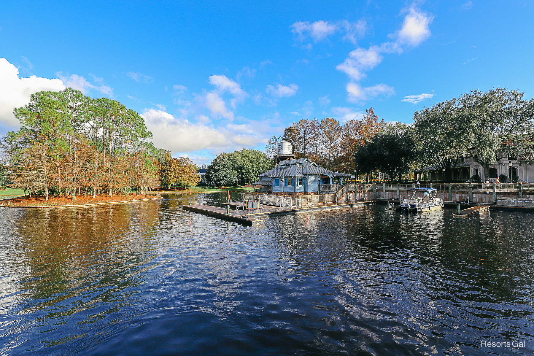 a view of the Port Orleans Riverside water taxi dock standing from a bridge 