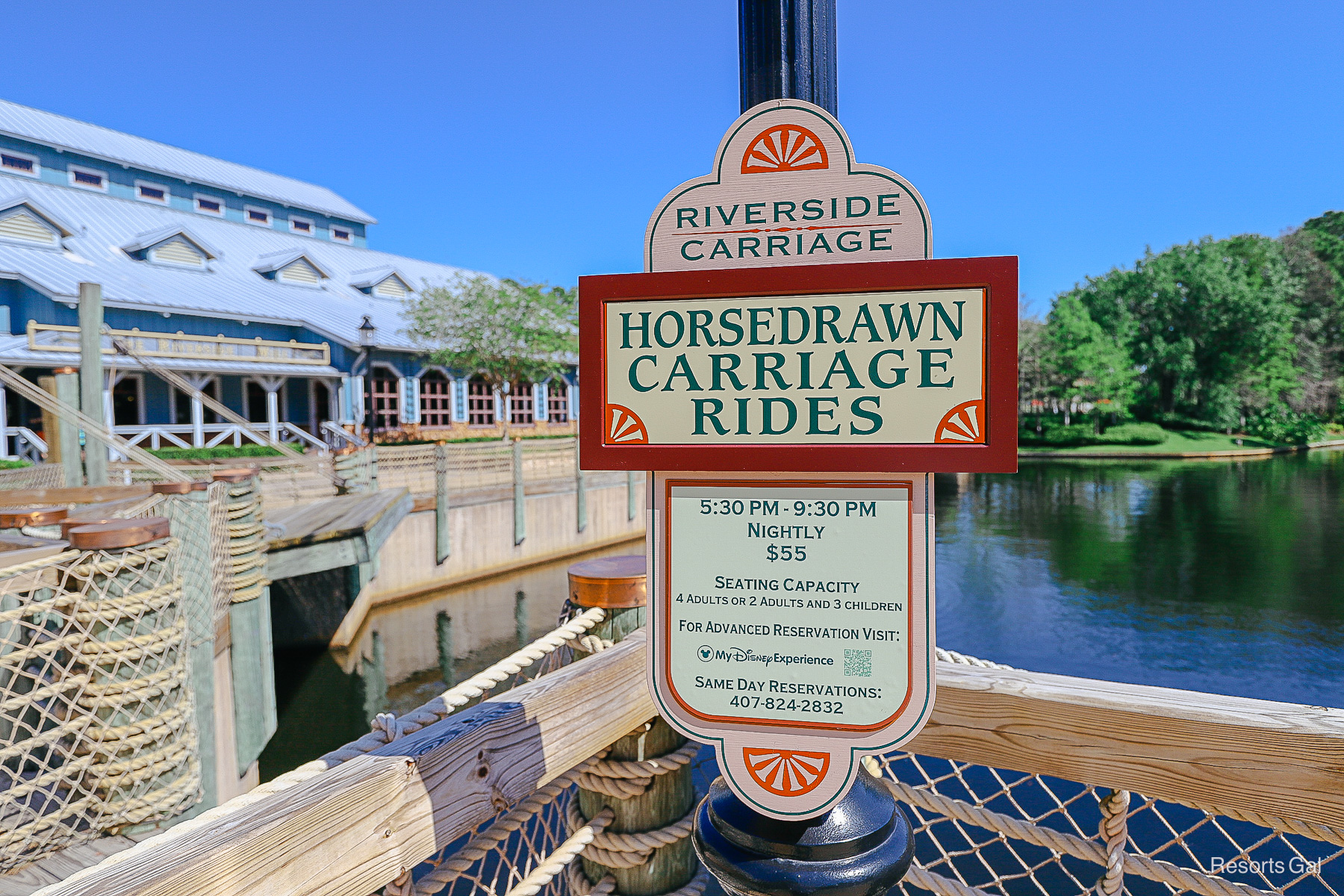 a sign that shows specifics for the Horsedrawn Carriage Rides at Port Orleans Riverside 