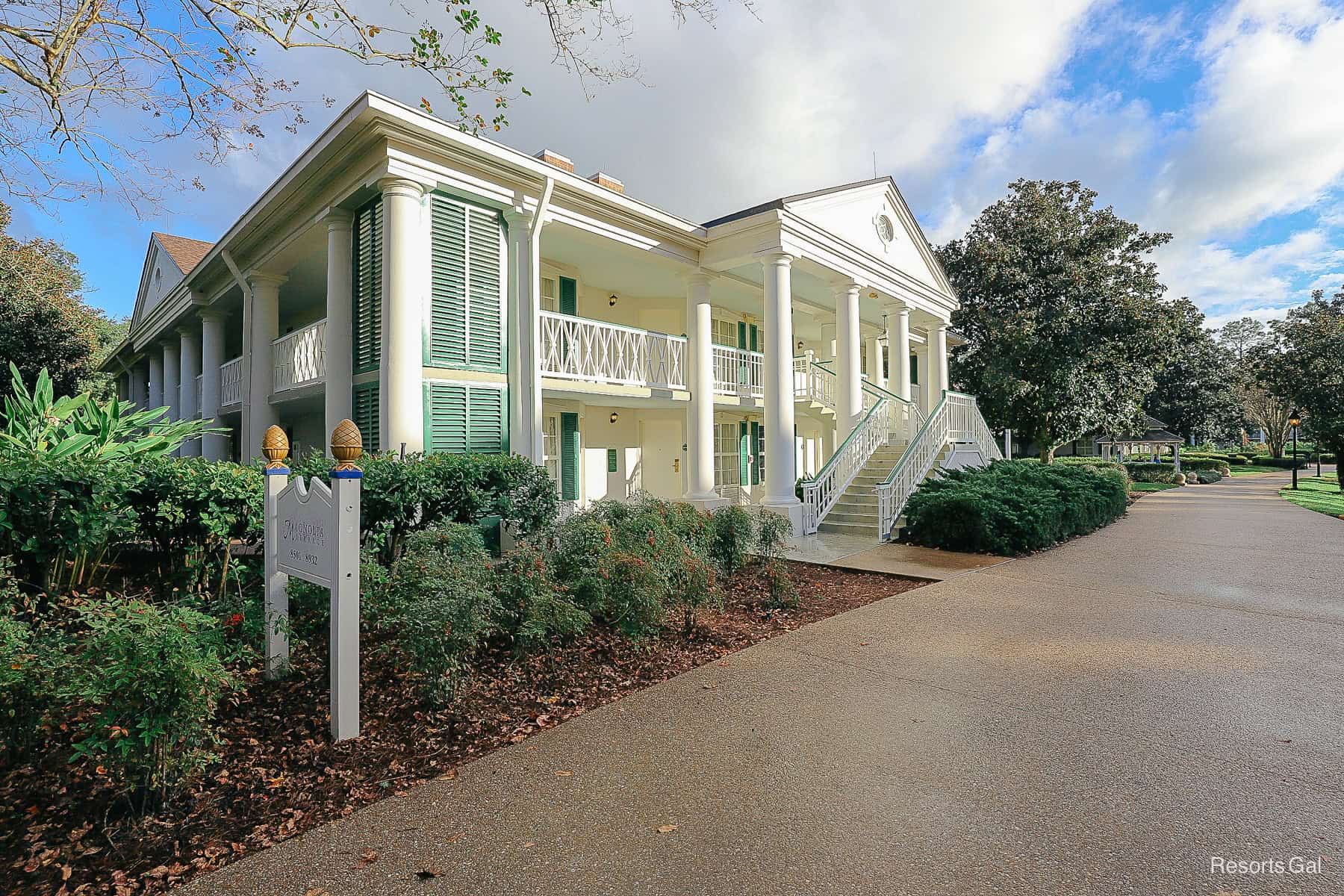 a view of the Magnolia Terrace Buildings at Port Orleans Riverside 