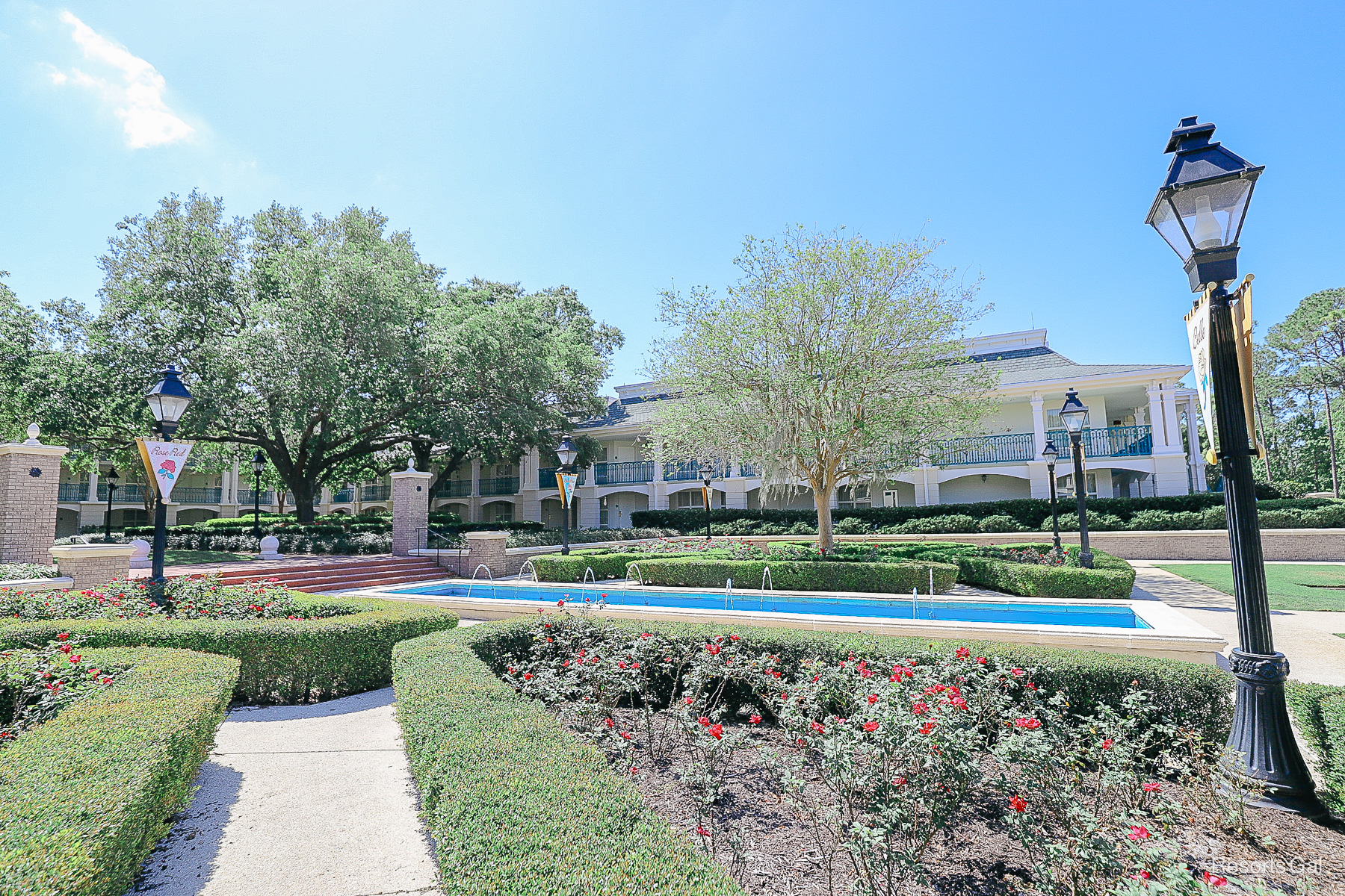 a rose garden with an oblong fountain filled with bright blue water 