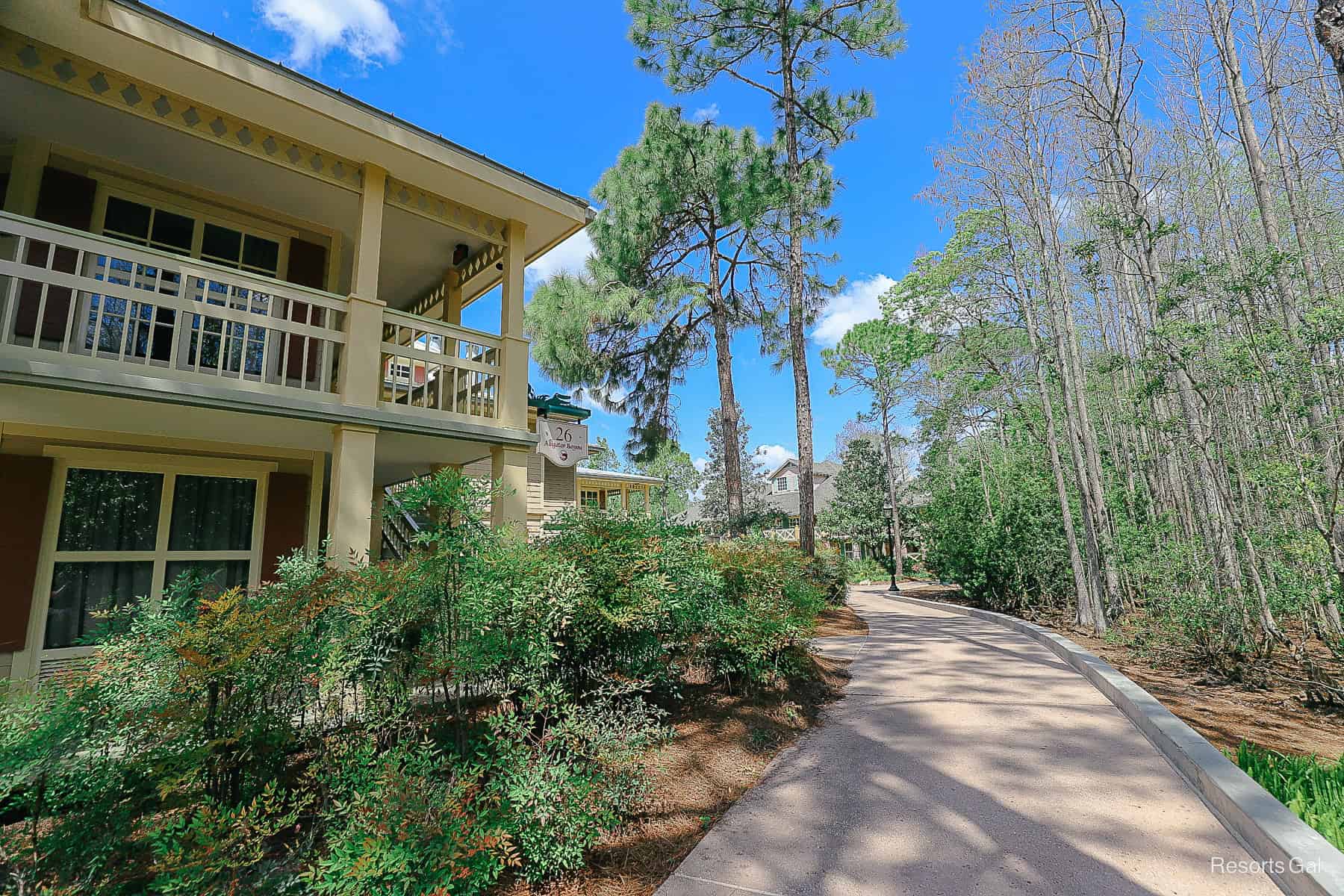 a path through the woods with building 26 to the left side 