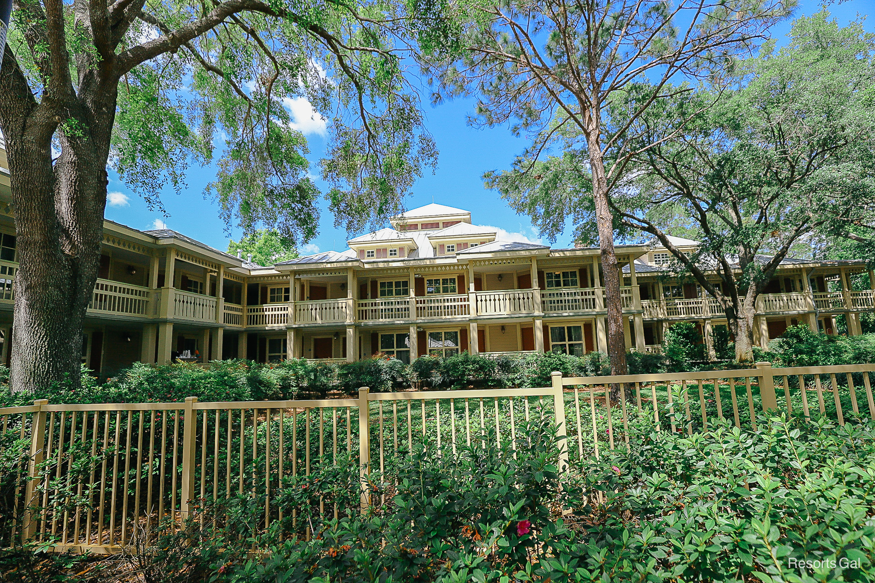an Alligator Bayou building surrounded by trees and greenery 