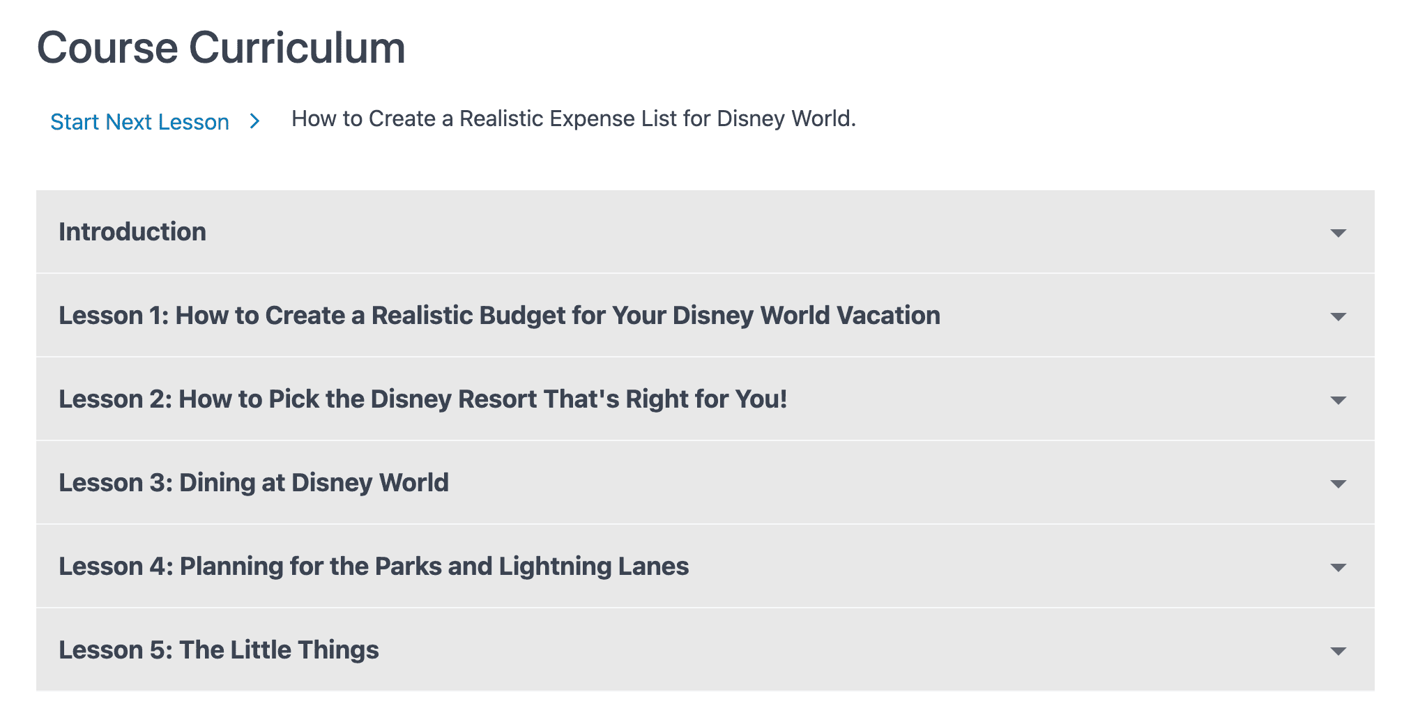 a screenshot of the user interface with lessons for our Disney World quick start course
