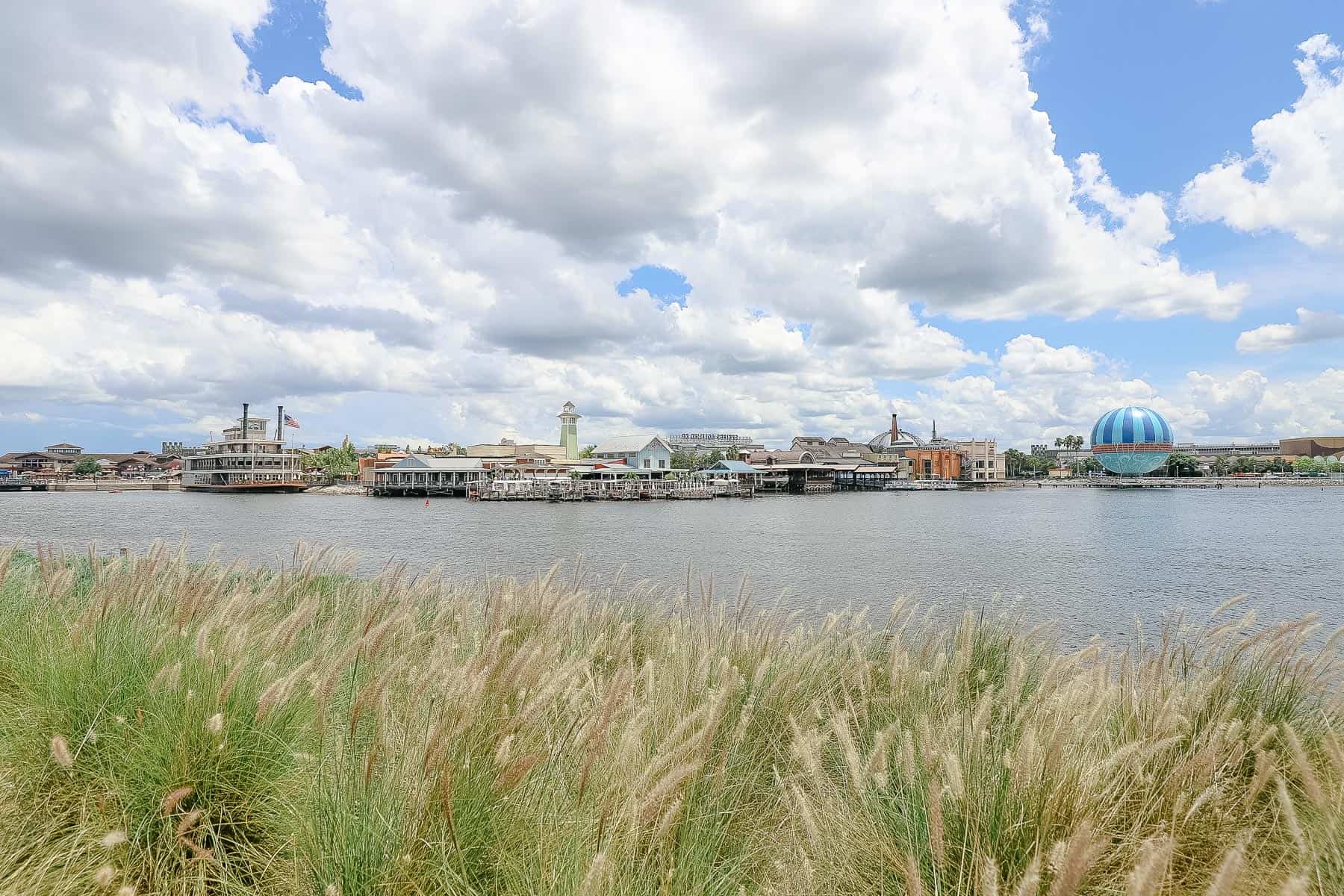 Disney Springs restaurants sitting along the water. 