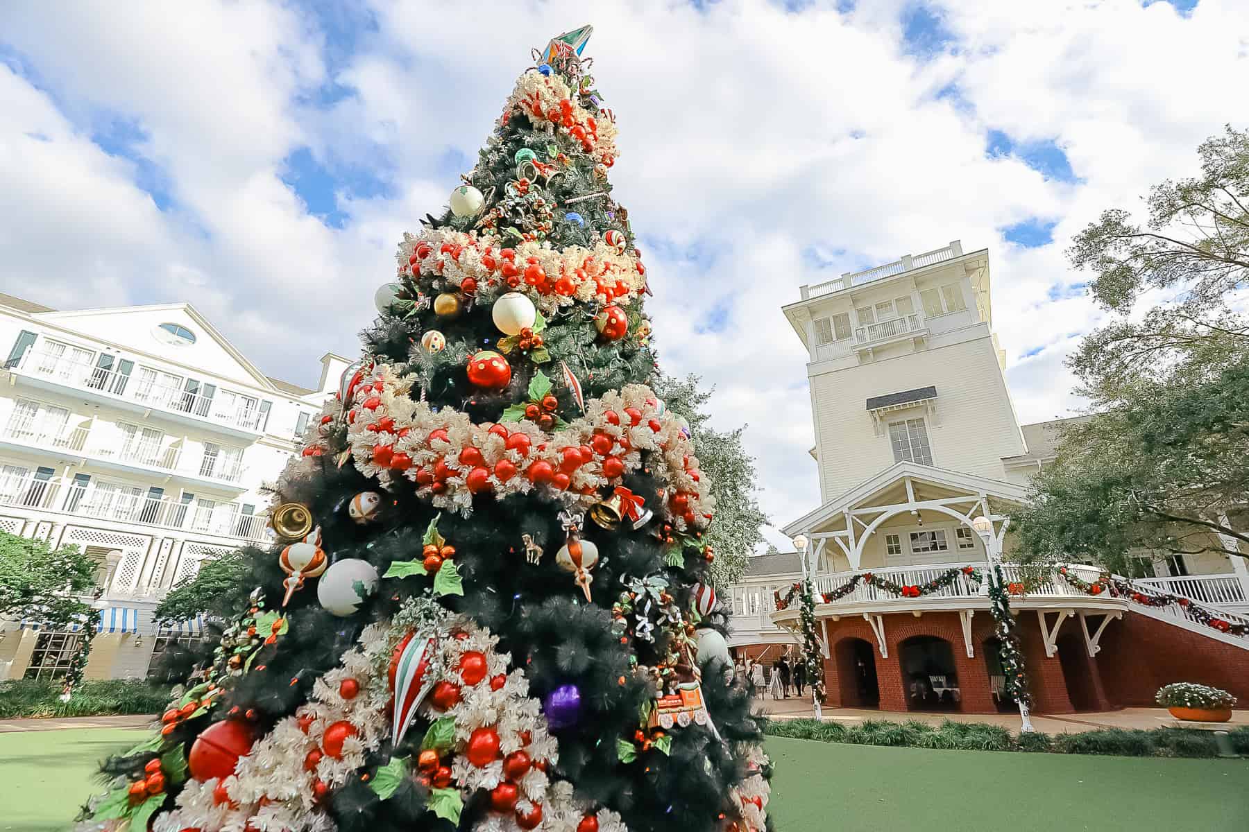 The outdoor Christmas tree sitting on the lawn of Disney's Boardwalk Inn. 