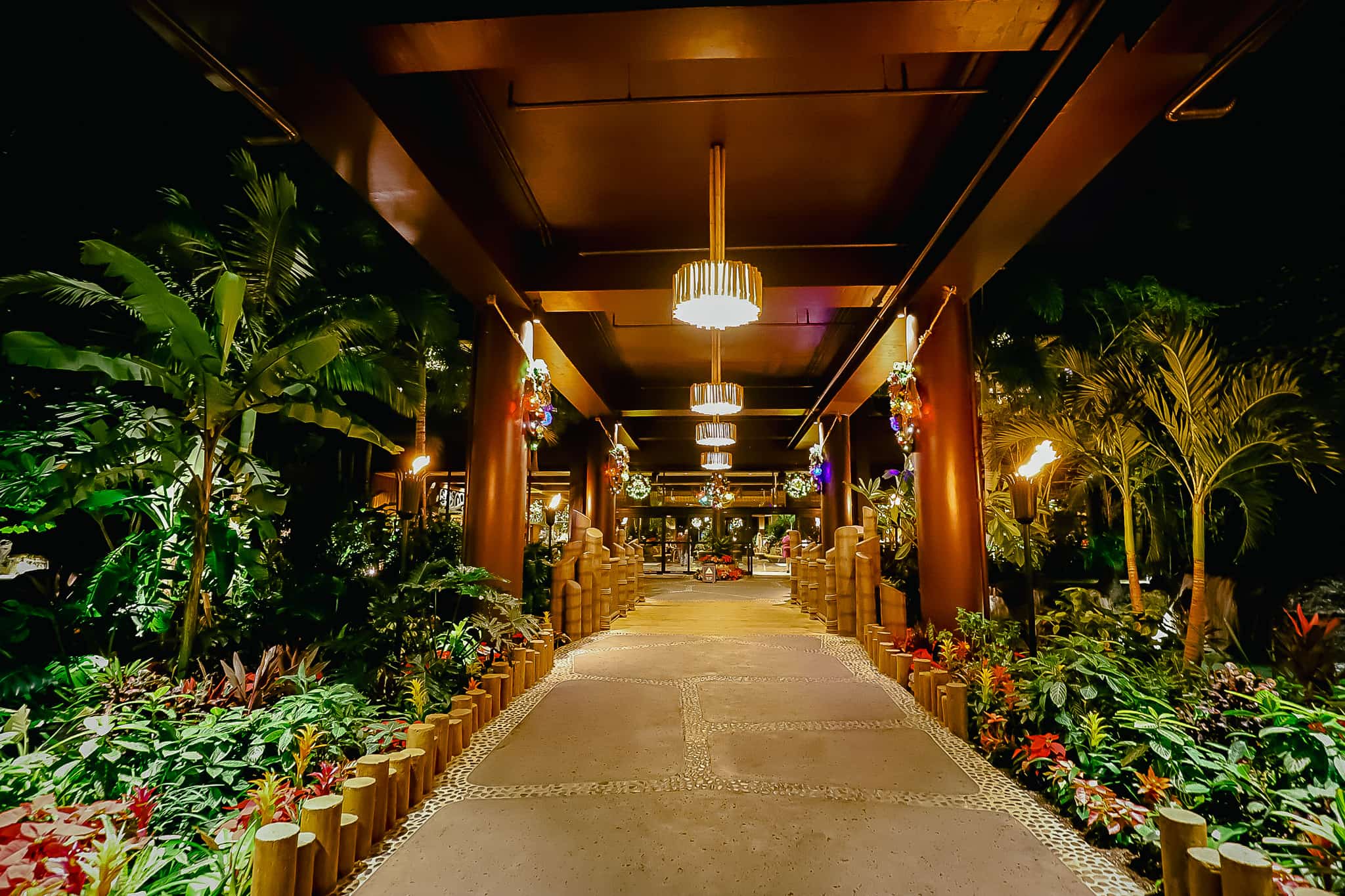 entrance to Disney's Polynesian Resort lobby with Christmas decorations