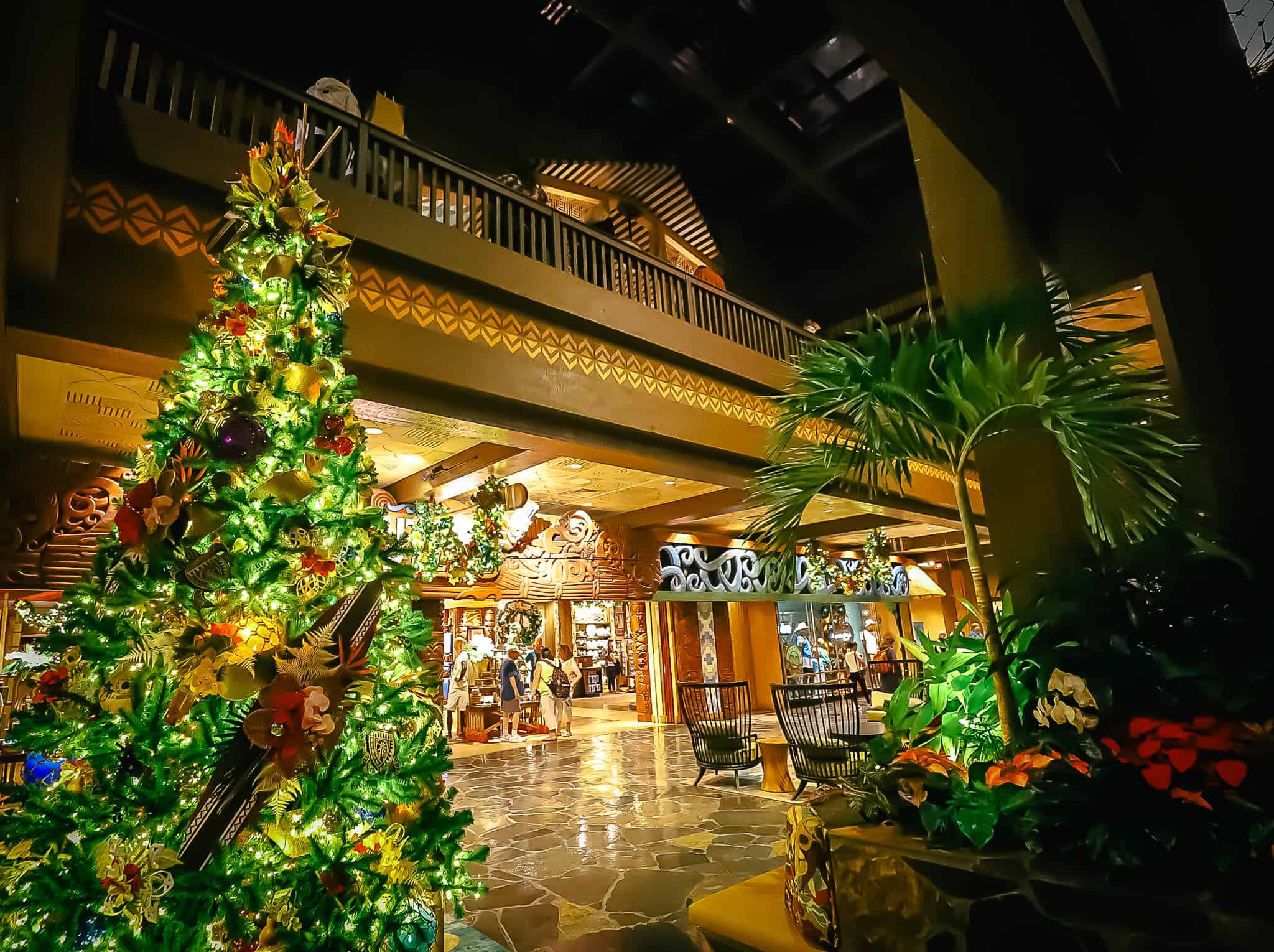 The tropical Christmas Tree in the Polynesian Resort's lobby. 