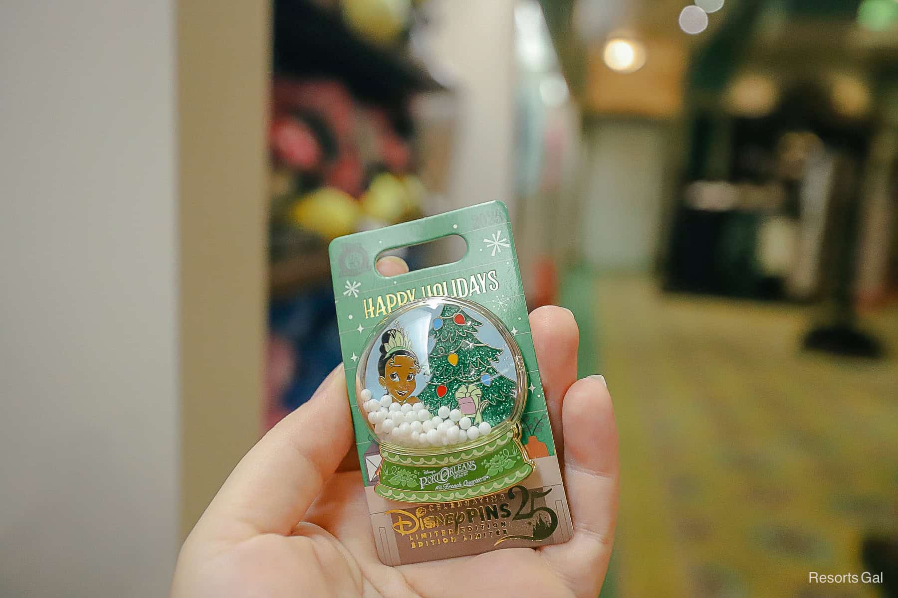 snow globe 2025 resort pin featuring Princess Tiana at Port Orleans French Quarter Resort 