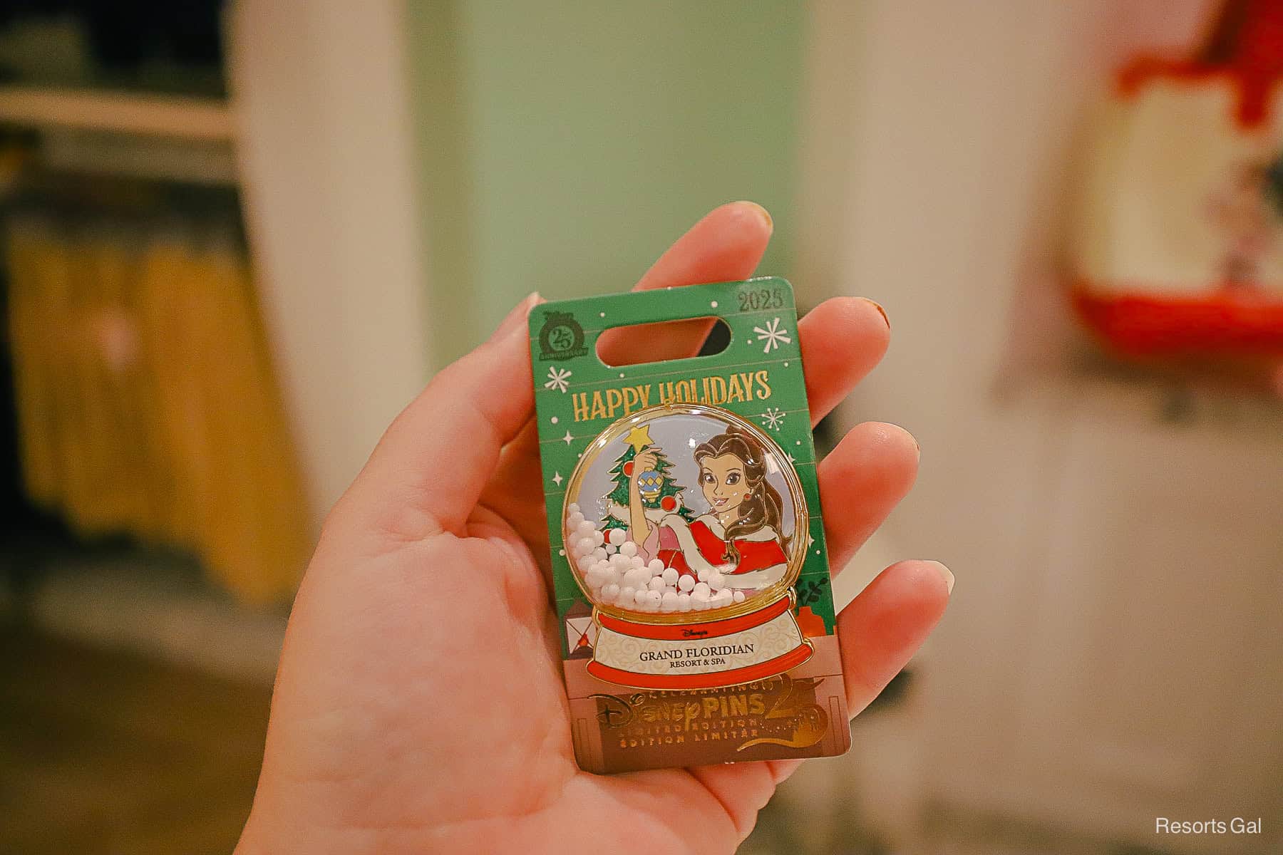 snow globe 2025 resort pin featuring Belle at M. Mouse Mercantile 