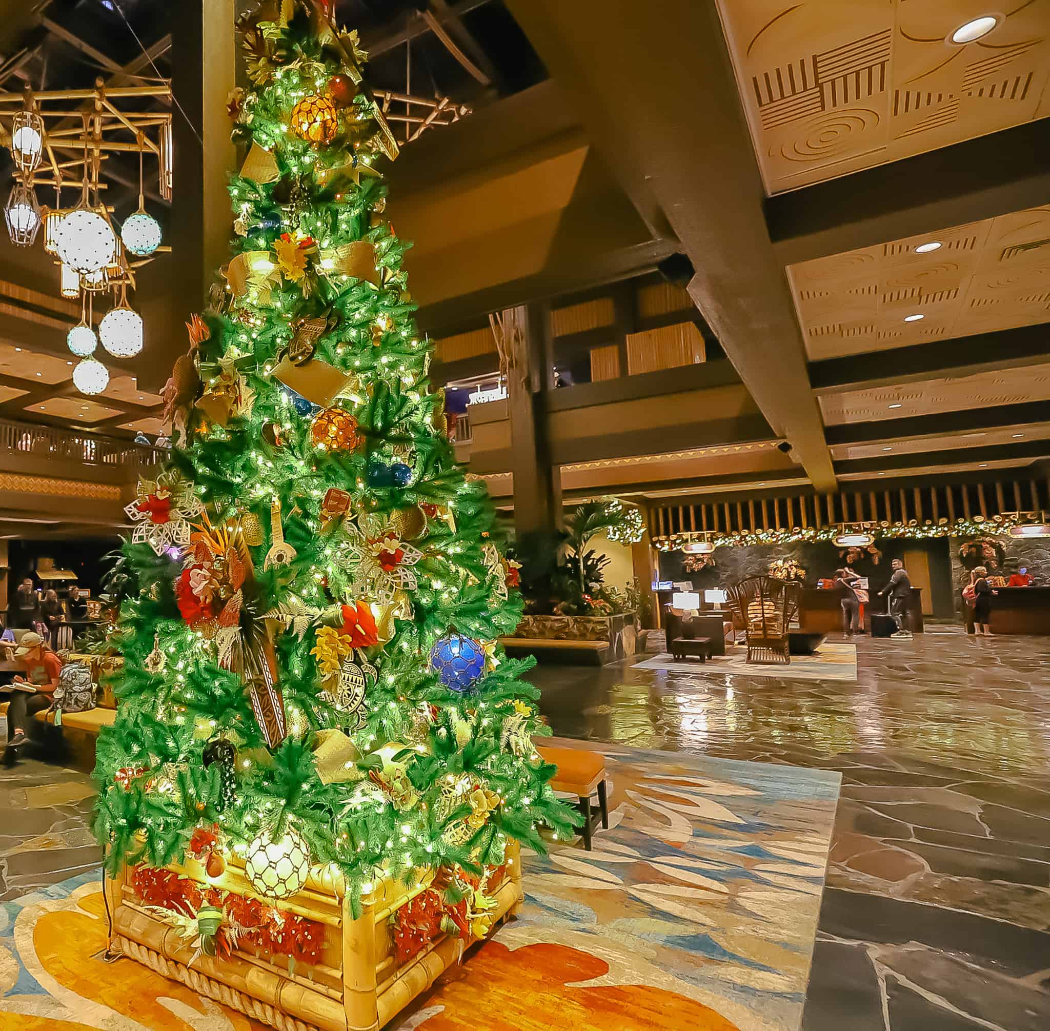a closeup of the Christmas Tree in Disney's Polynesian's lobby 