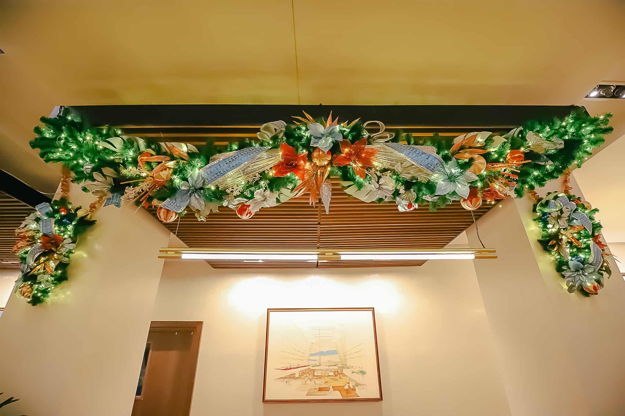 Garland above the check-in area at Disney's Contemporary Resort 