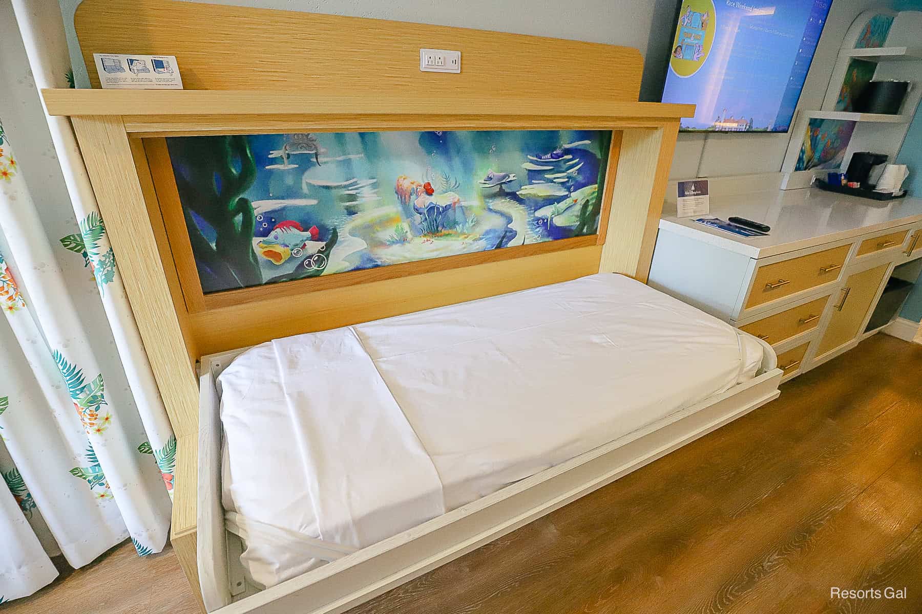 a closeup of the mural behind the bed