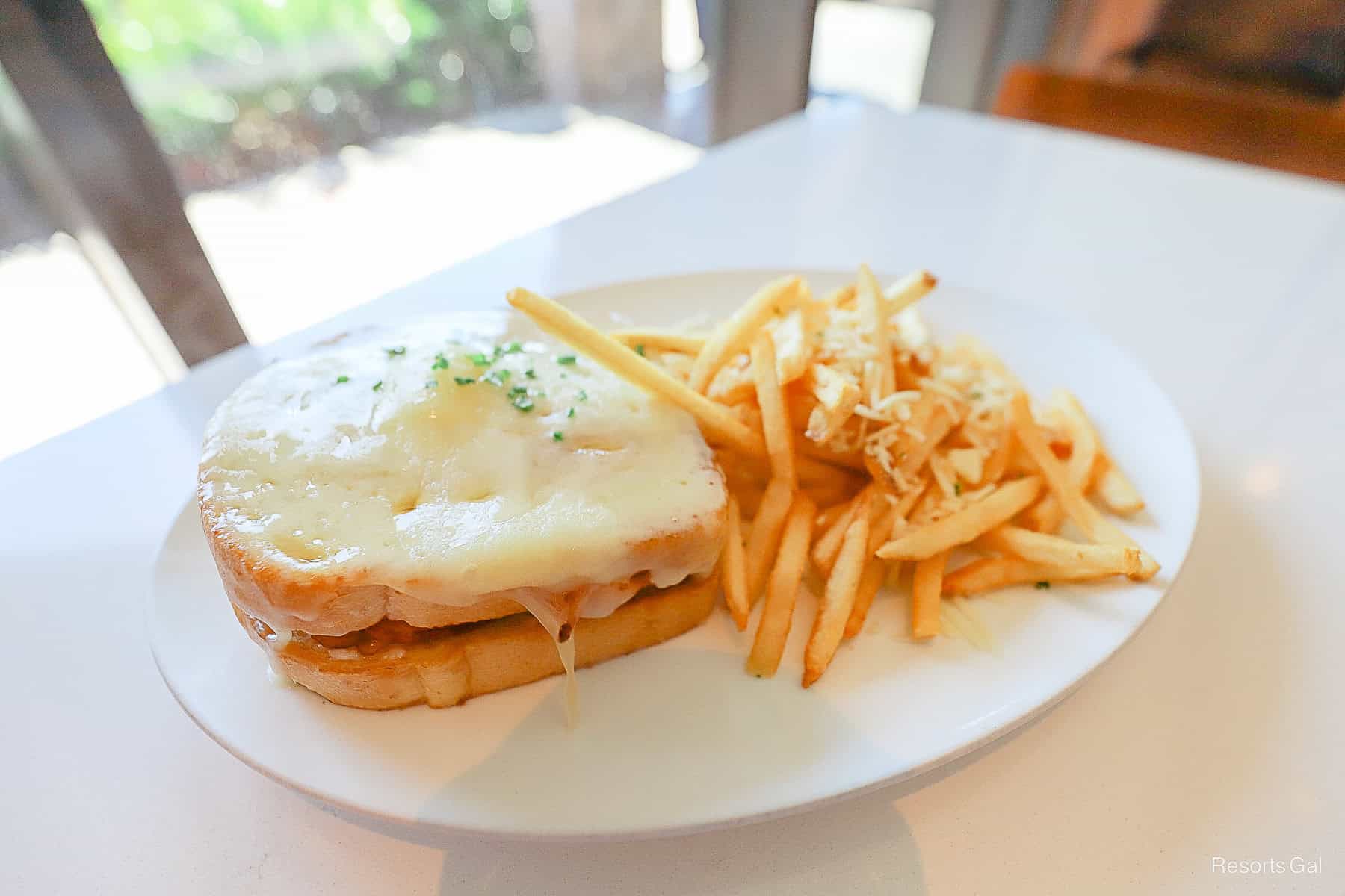 A croque monsieur sandwich with fries for a Disney World Restaurant Review. 