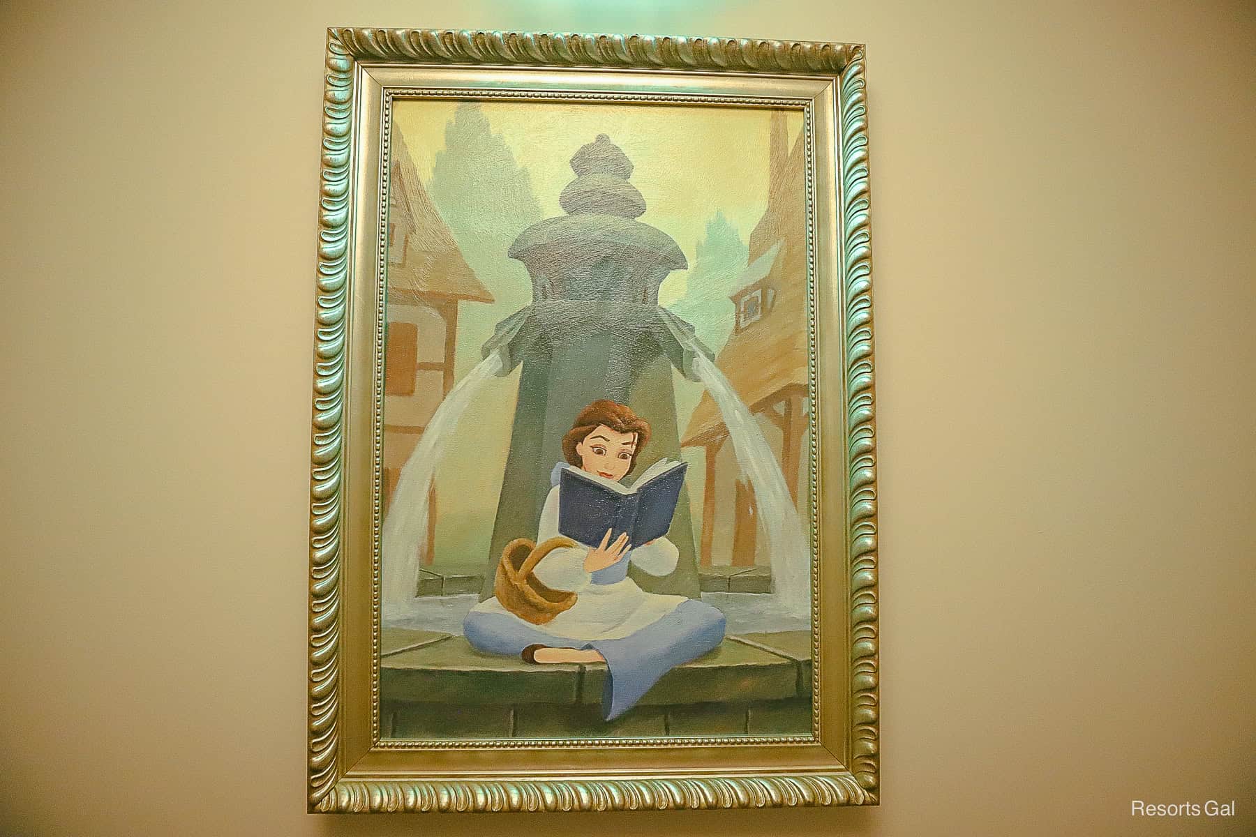 a painting of Belle sitting cross-legged in front of a fountain 
