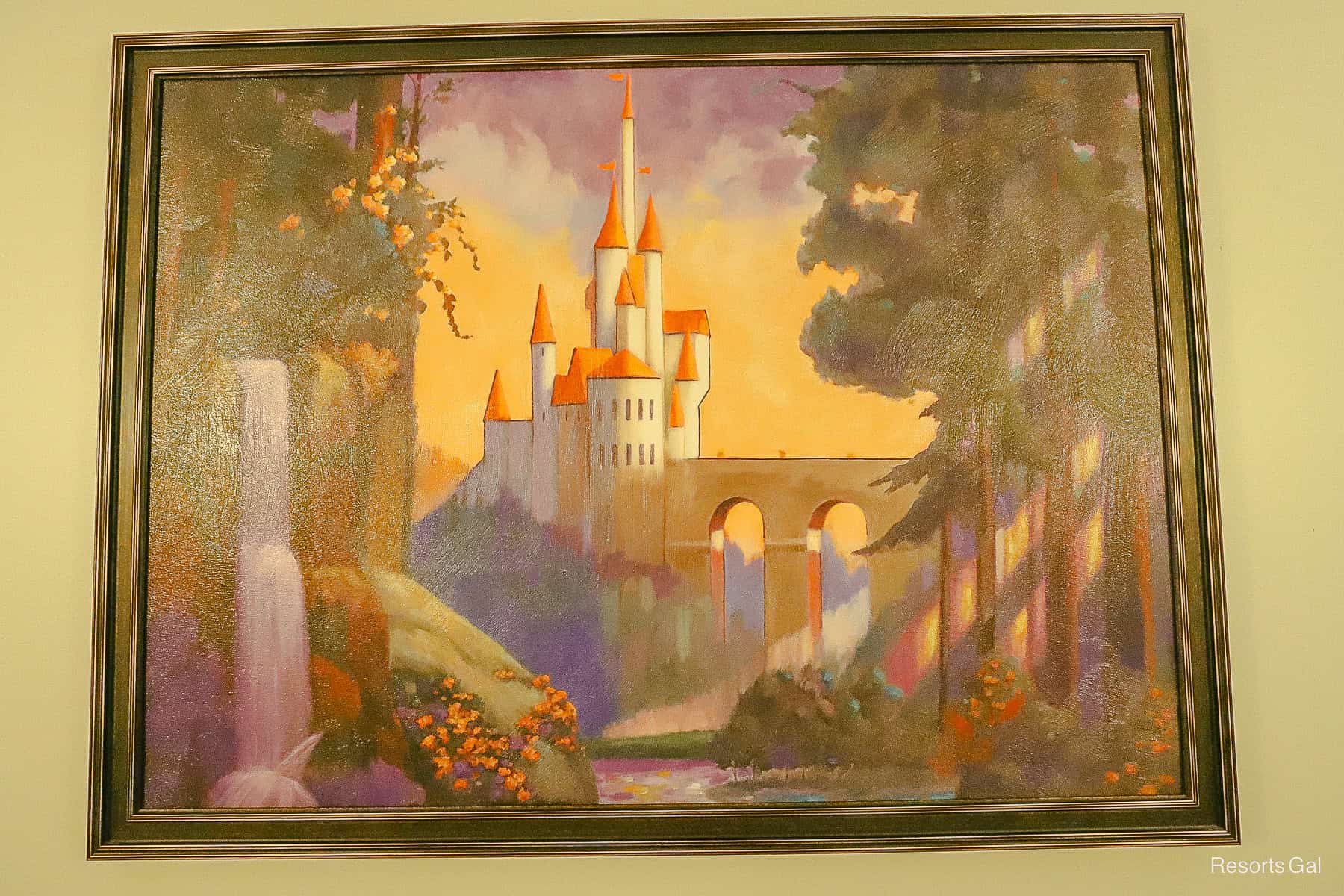 a painting of the Beauty and the Beast Castle at sunset at Disney's Riviera Resort 