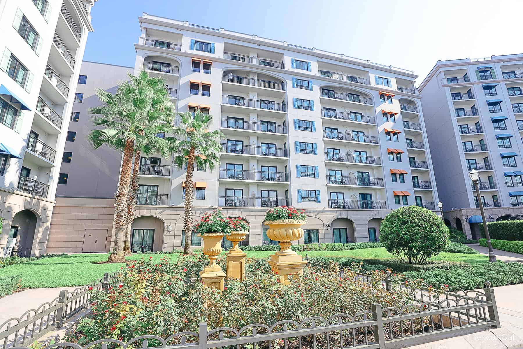 scenic photo of planters in front of the West Tower at Disney's Riviera Resort 