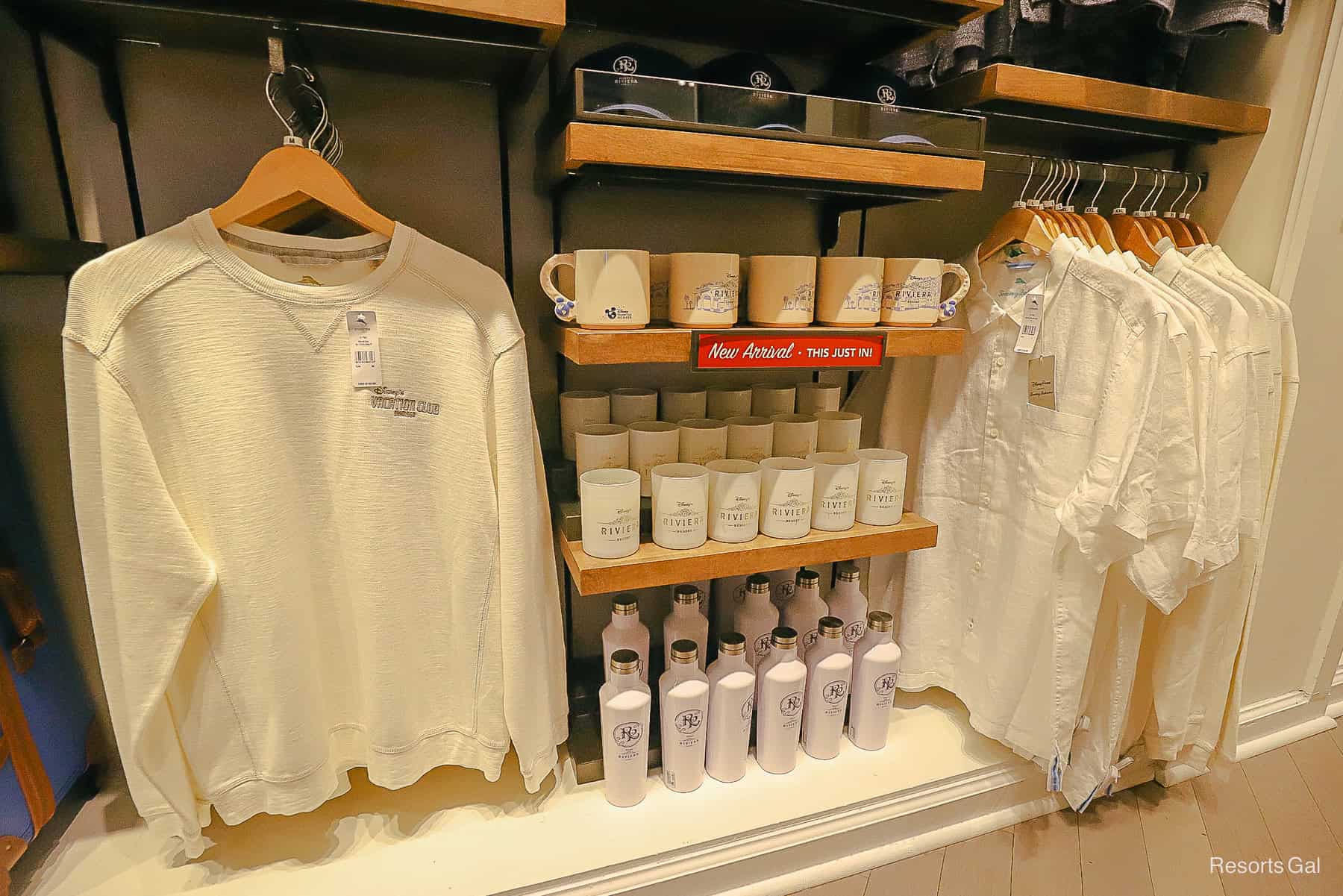 a sweatshirt and a display of new arrivals for the Riviera Resort 