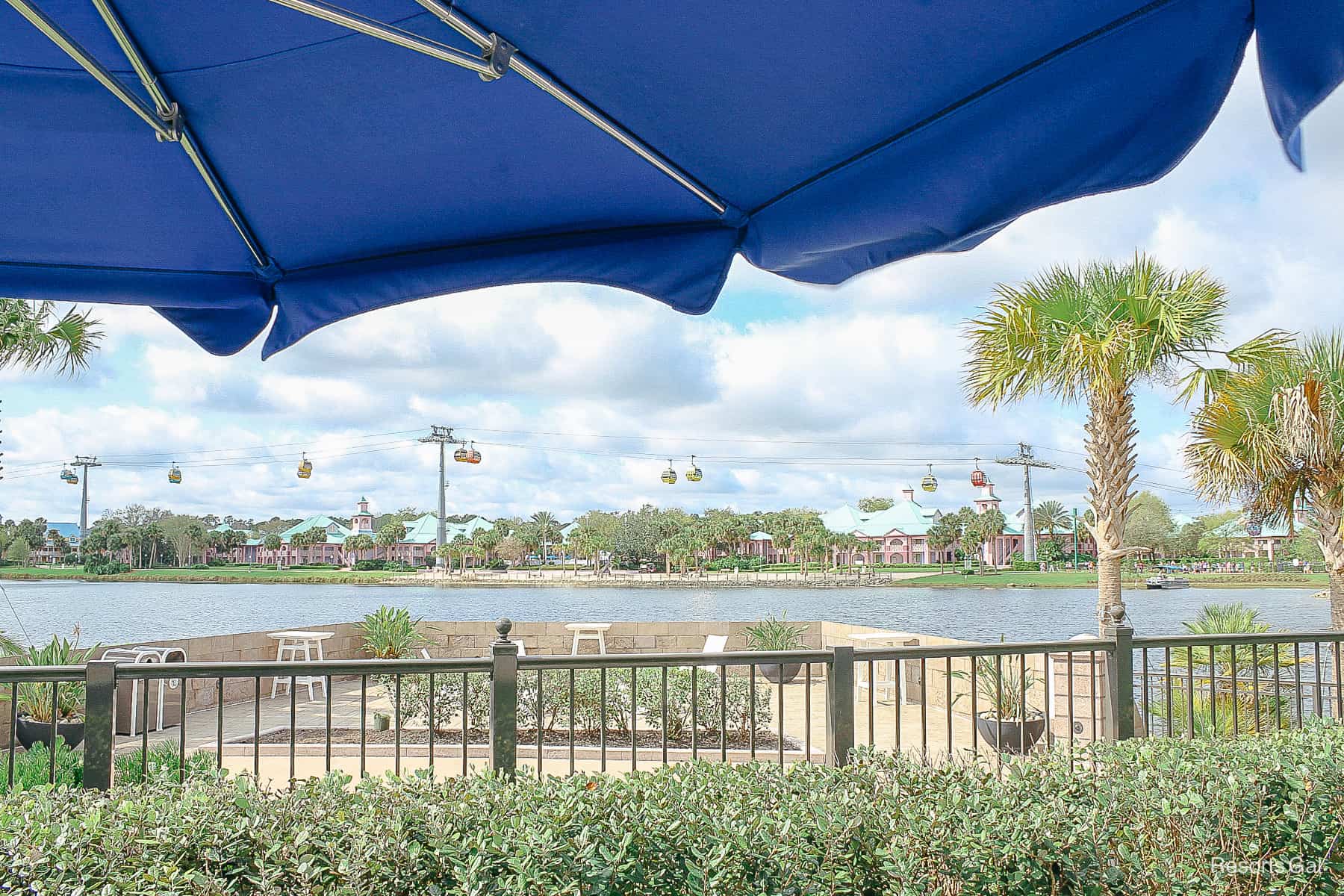 a view of the Skyliner from someone sitting under a pool umbrella 