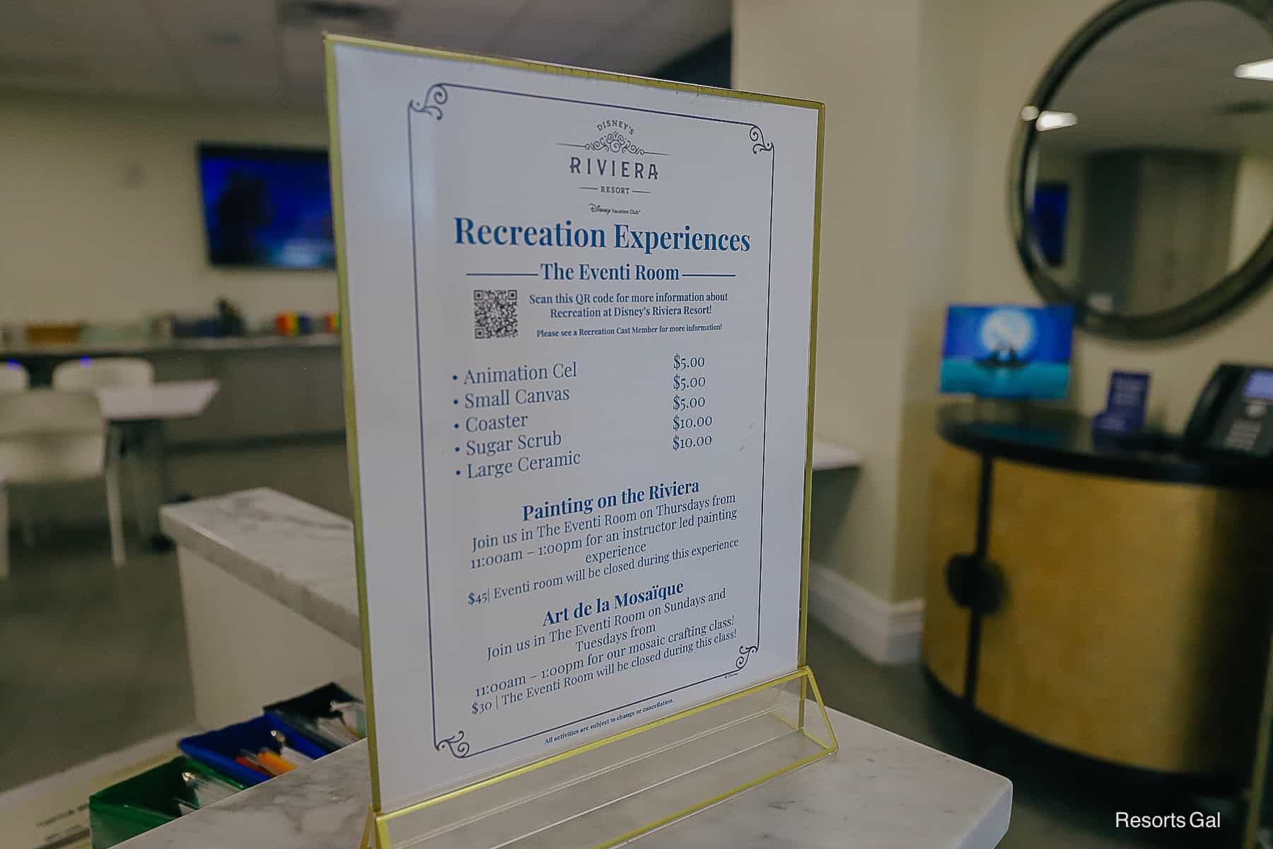 a list of extra cost recreation experiences in the Eventi Room at Disney's Riviera Resort