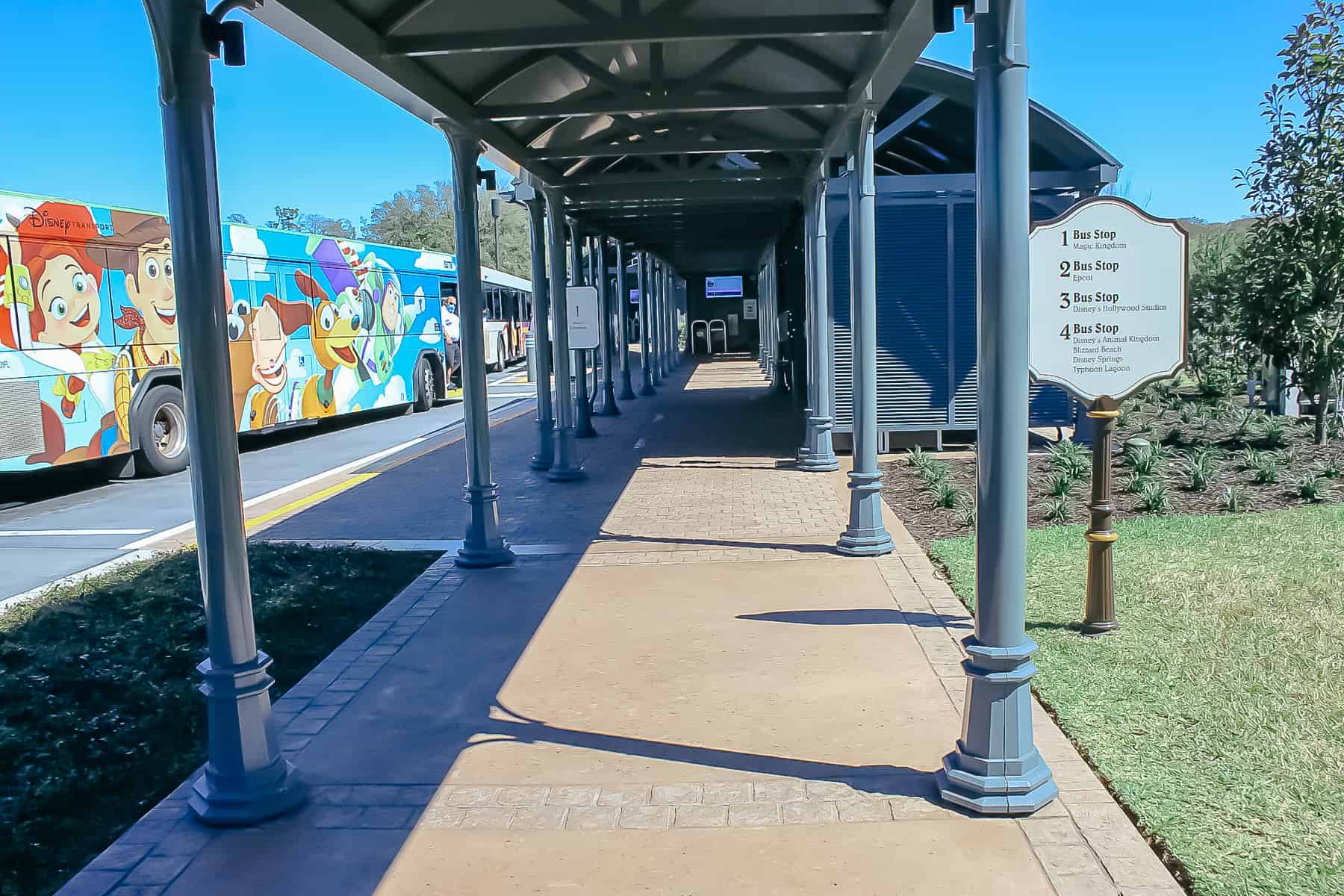 the bus stop at Disney's Riviera with a Toy Story bus on the left side 