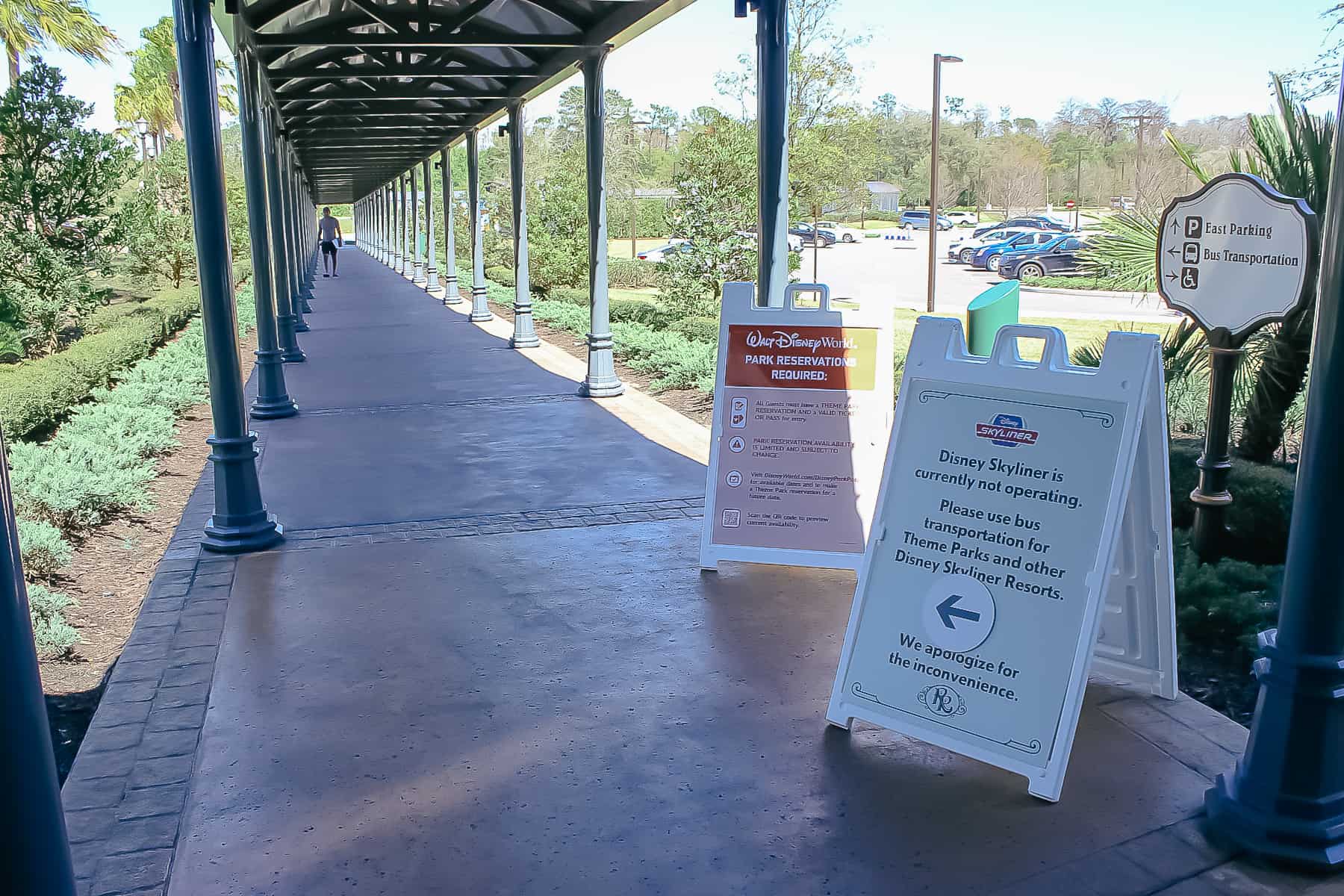 the covered walkway to the bus stop at Disney's Riviera 