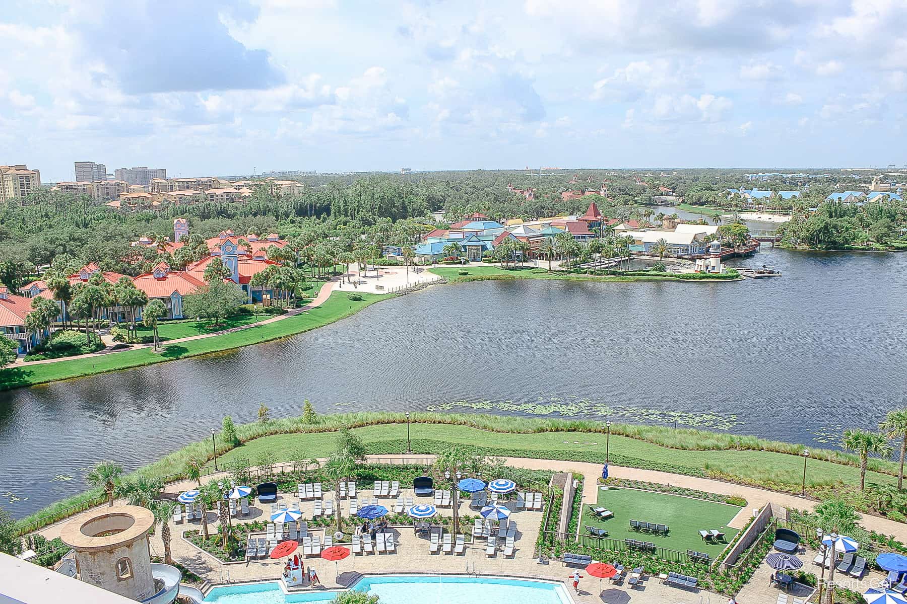 a view of Disney's Caribbean Beach Resort from the rooftop of Disney's Riviera Resort 