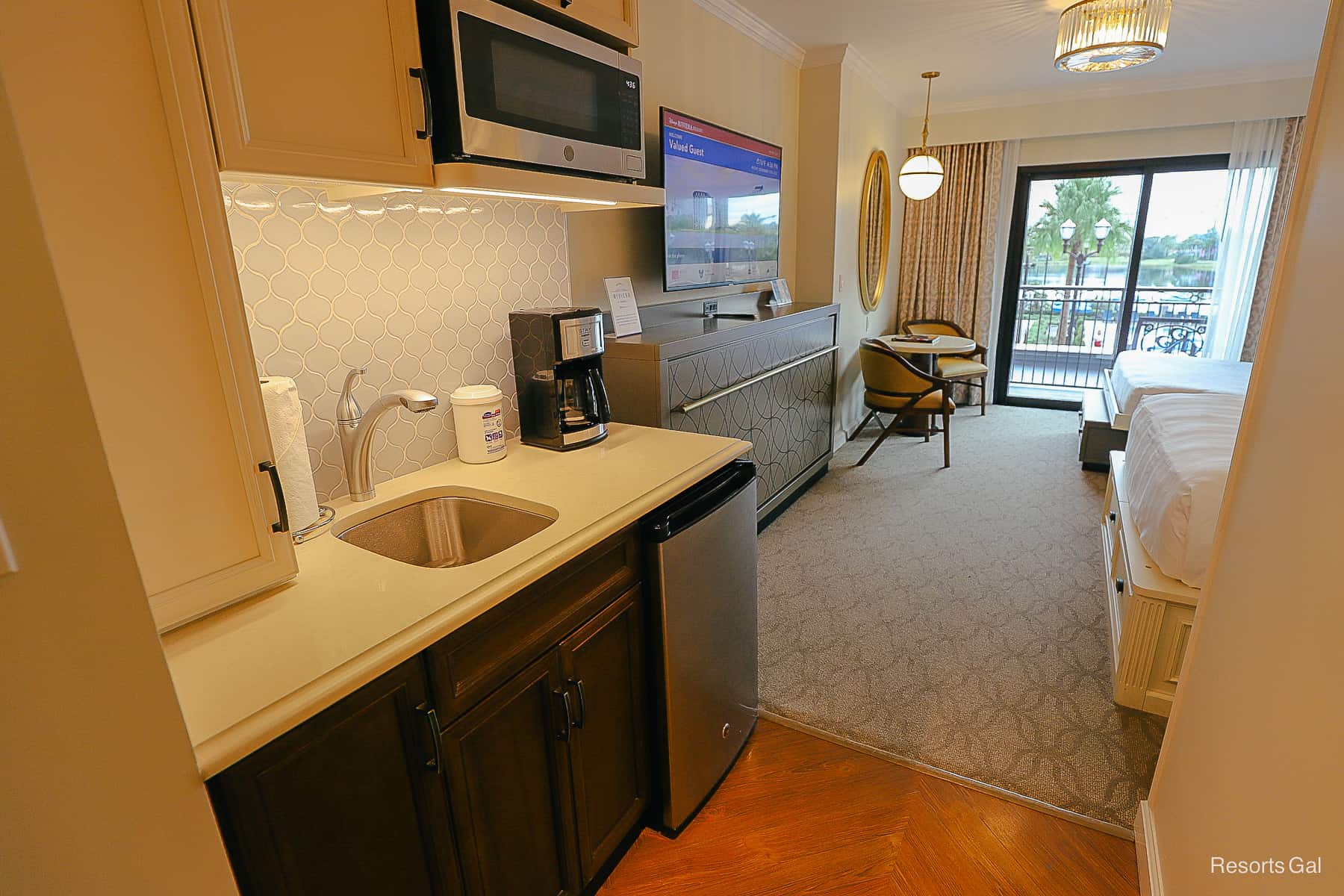 a deluxe studio kitchenette at Disney's Riviera 