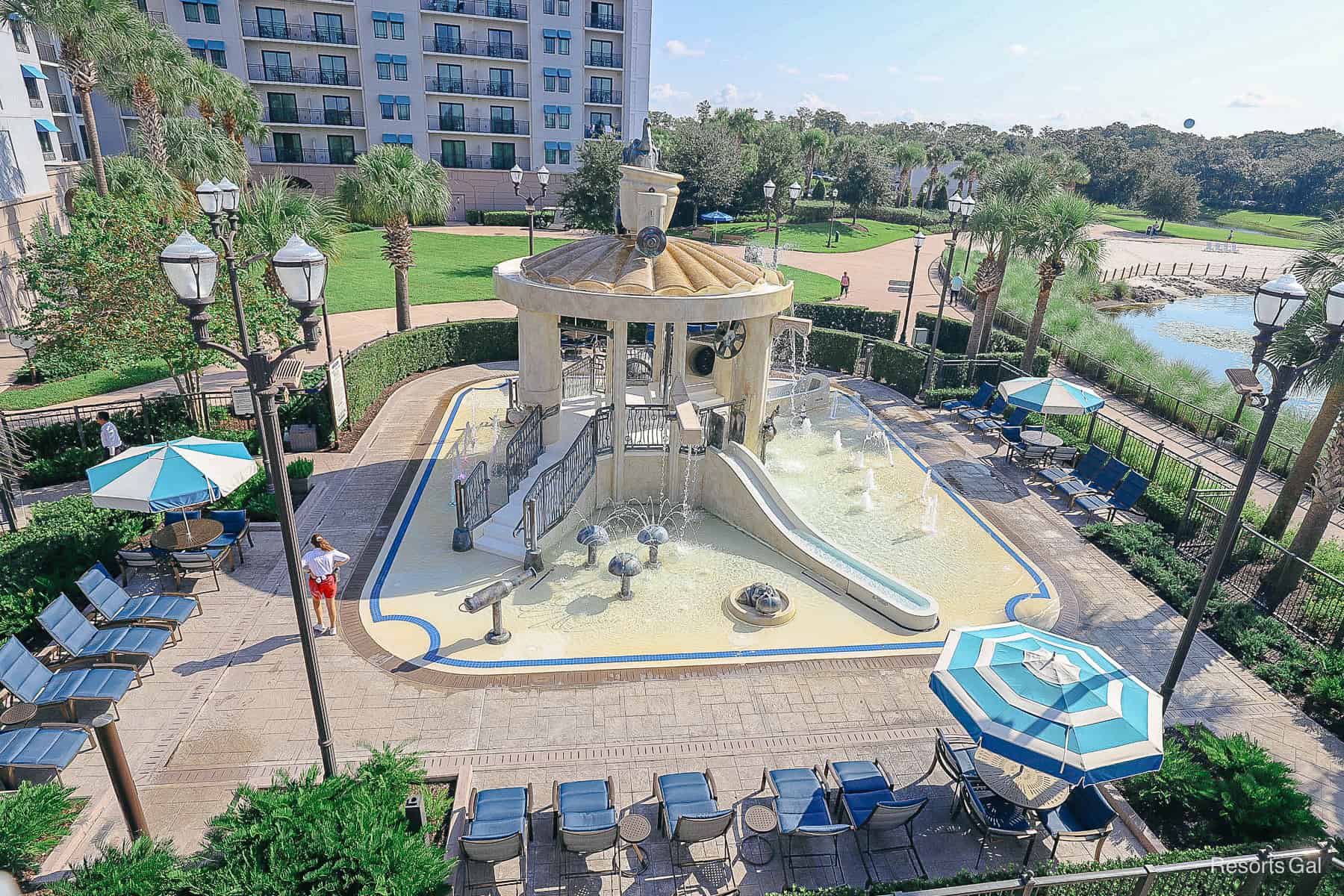 an aerial view of the S'il Vous Play aquatic play area taken from the water slide