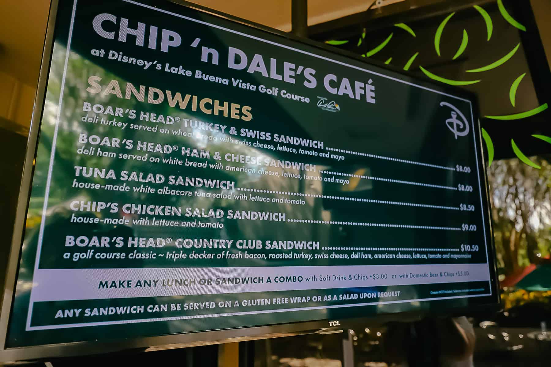 Sandwich menu Chip 'n Dale's Cafe 
