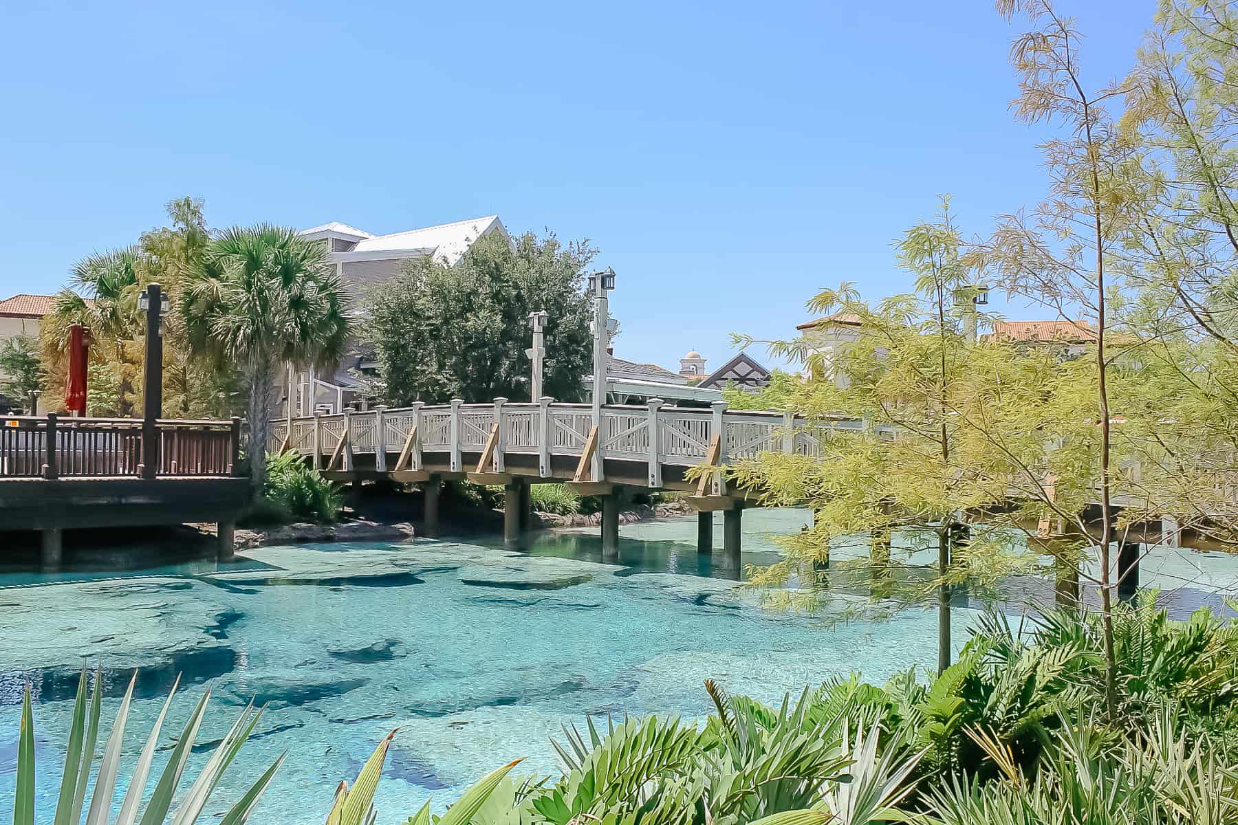 a bridge between restaurants at Disney Springs 