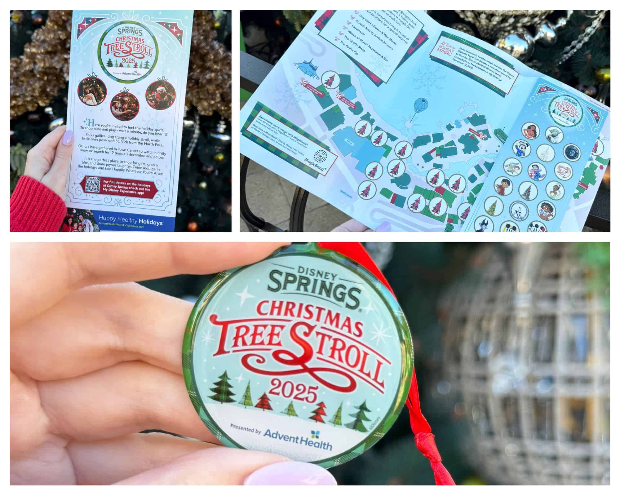 a collage image that shows the map and reward for the Disney Springs Christmas Tree Stroll 
