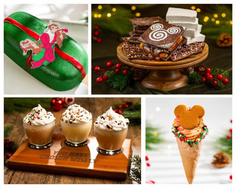a collage with images highlighting select treats at Disney Springs in 2025 holiday season