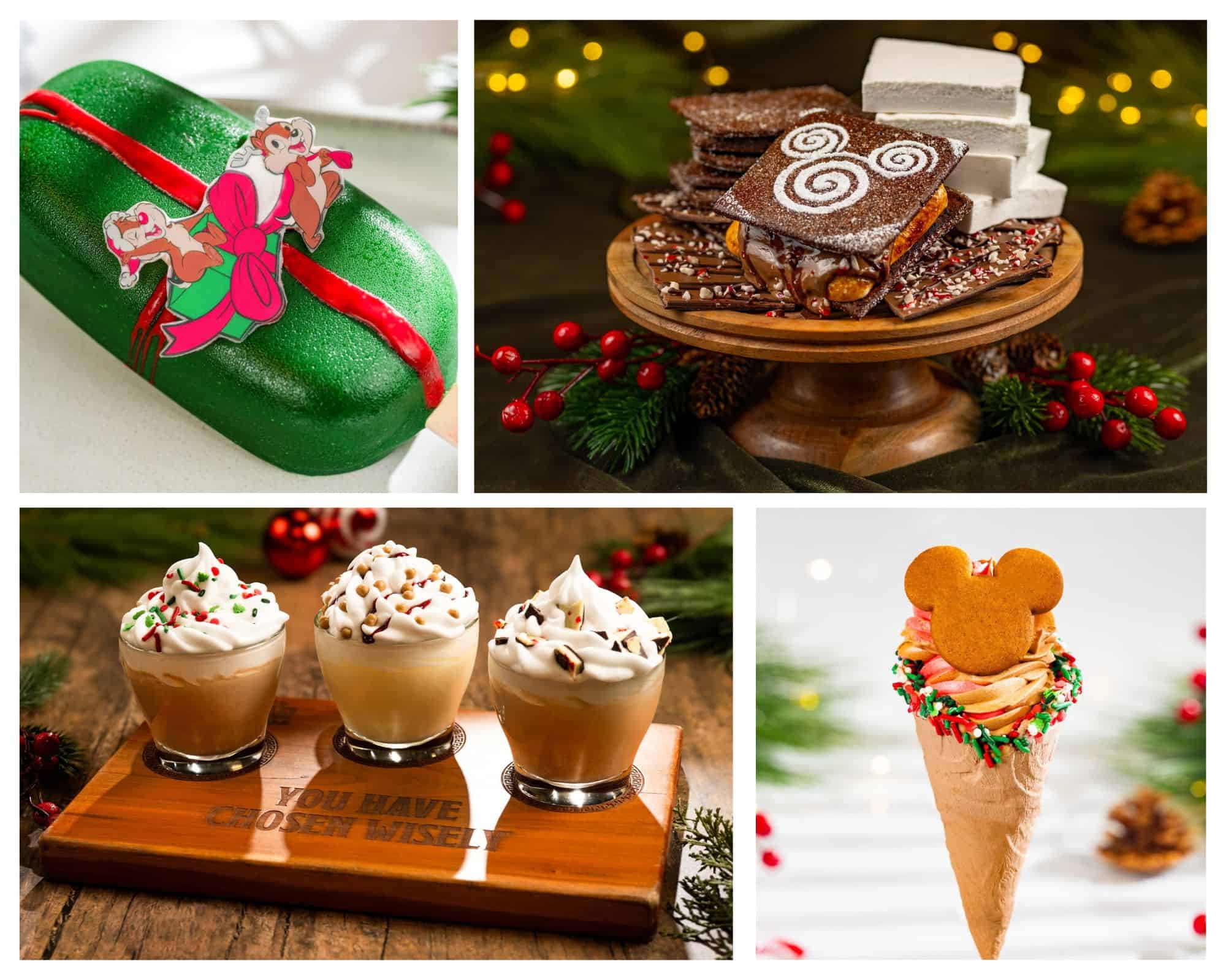 a collage with images highlighting select treats at Disney Springs in 2025 holiday season