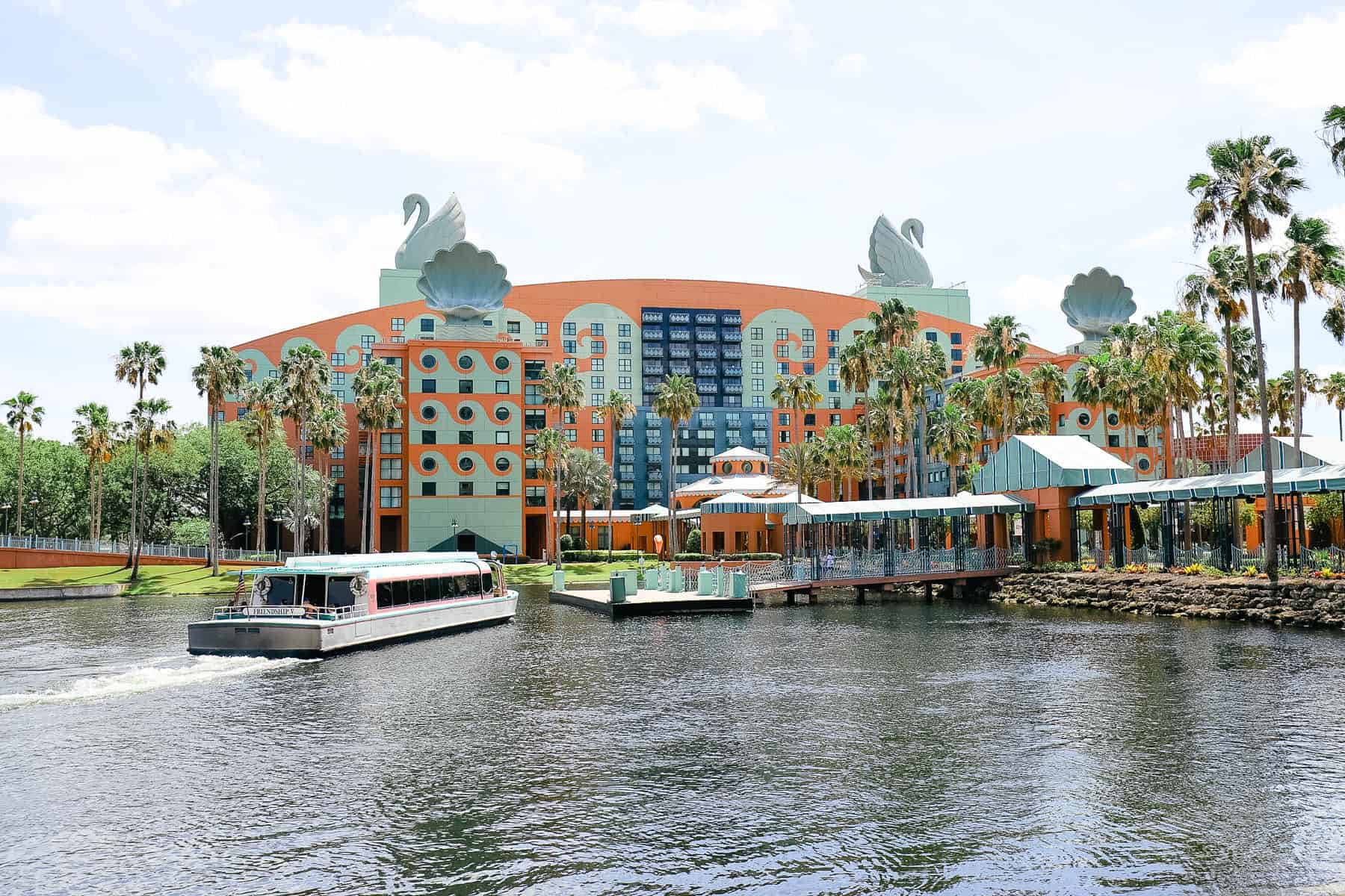 a boat docking at Disney's Swan and Dolphin