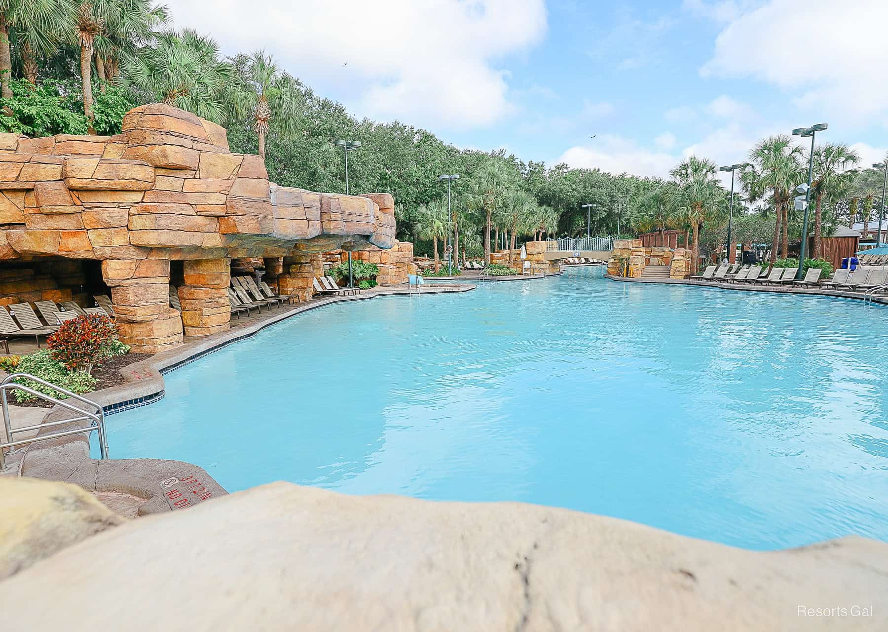 shows the Grotto with the waterfall turned off and lounge chairs 