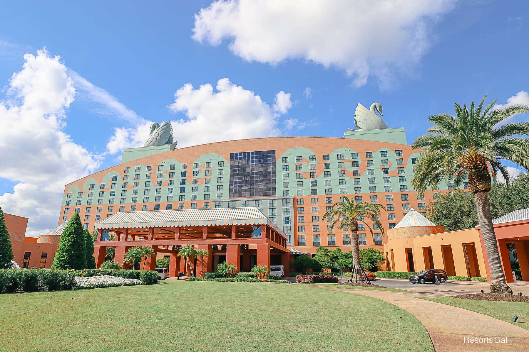 the front entrance of the Swan Hotel at Disney World
