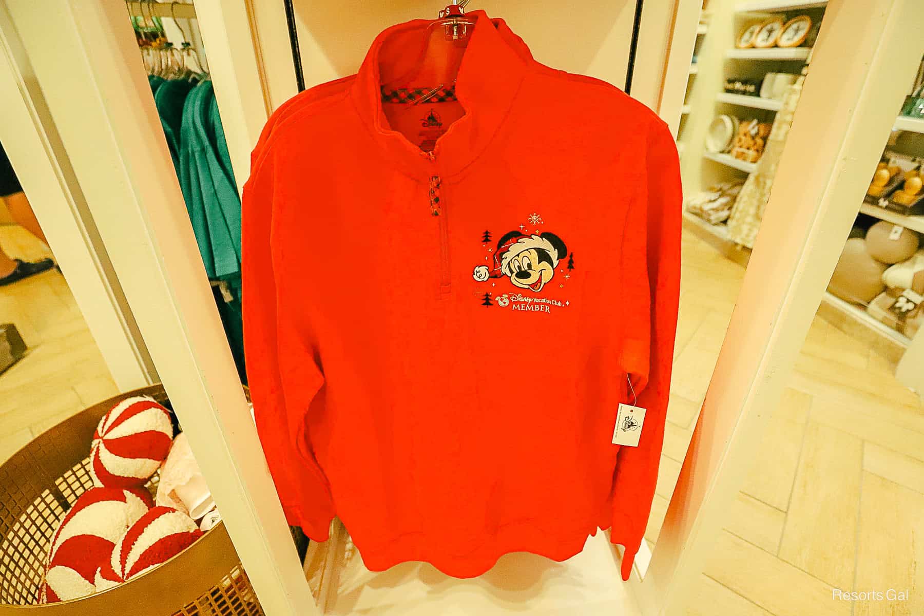 a red sweatshirt with short collar and Mickey Mouse in Santa hat for Disney Vacation Club members