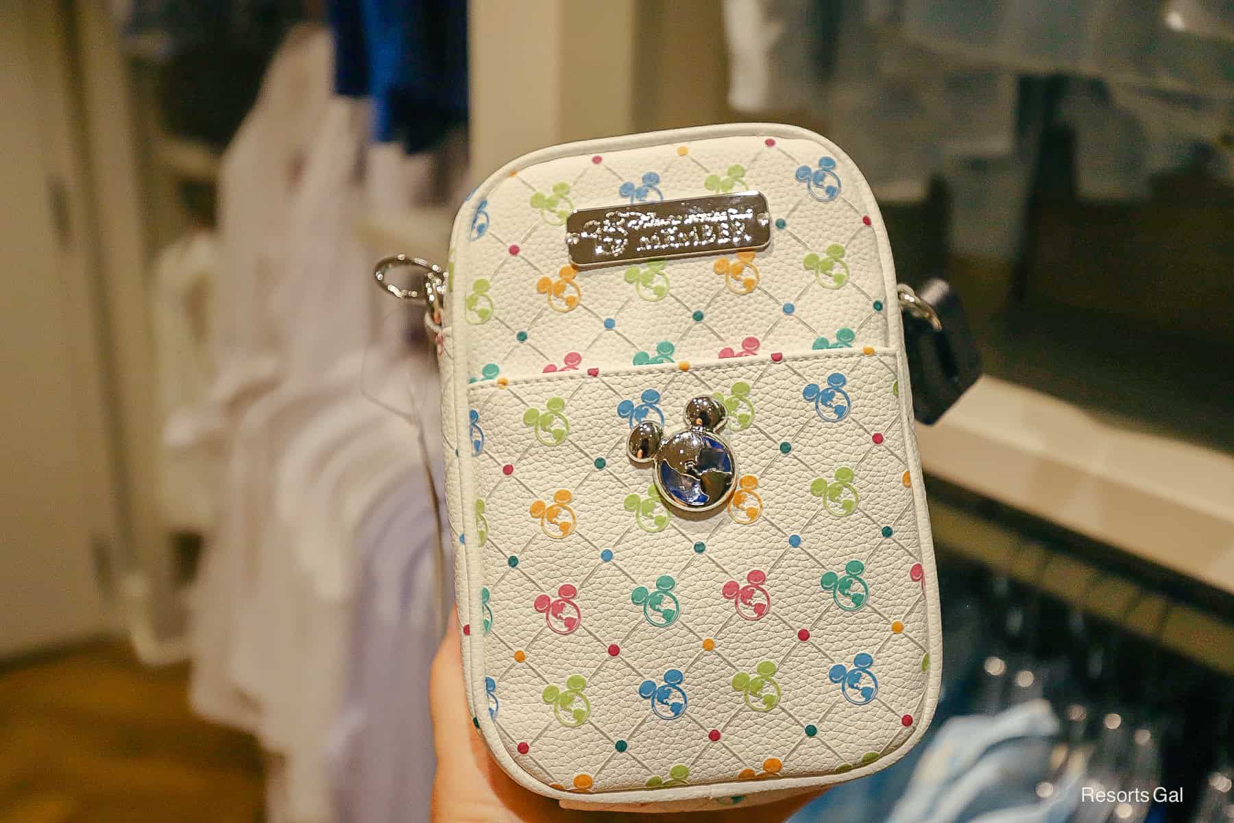 Disney Vacation Club crossbody bag with white leather and bright color globe Mickey icons