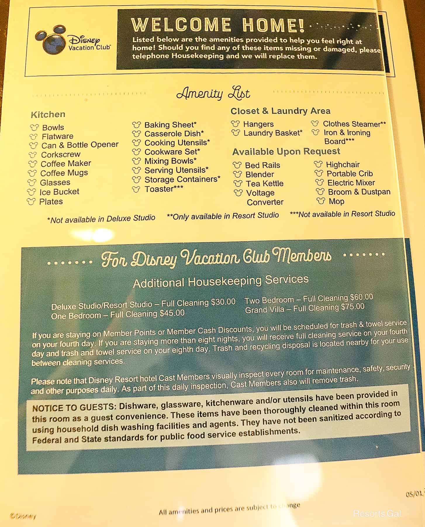 a Welcome Home DVC guide that lists housekeeping specifics for Disney Vacation Club Resorts 