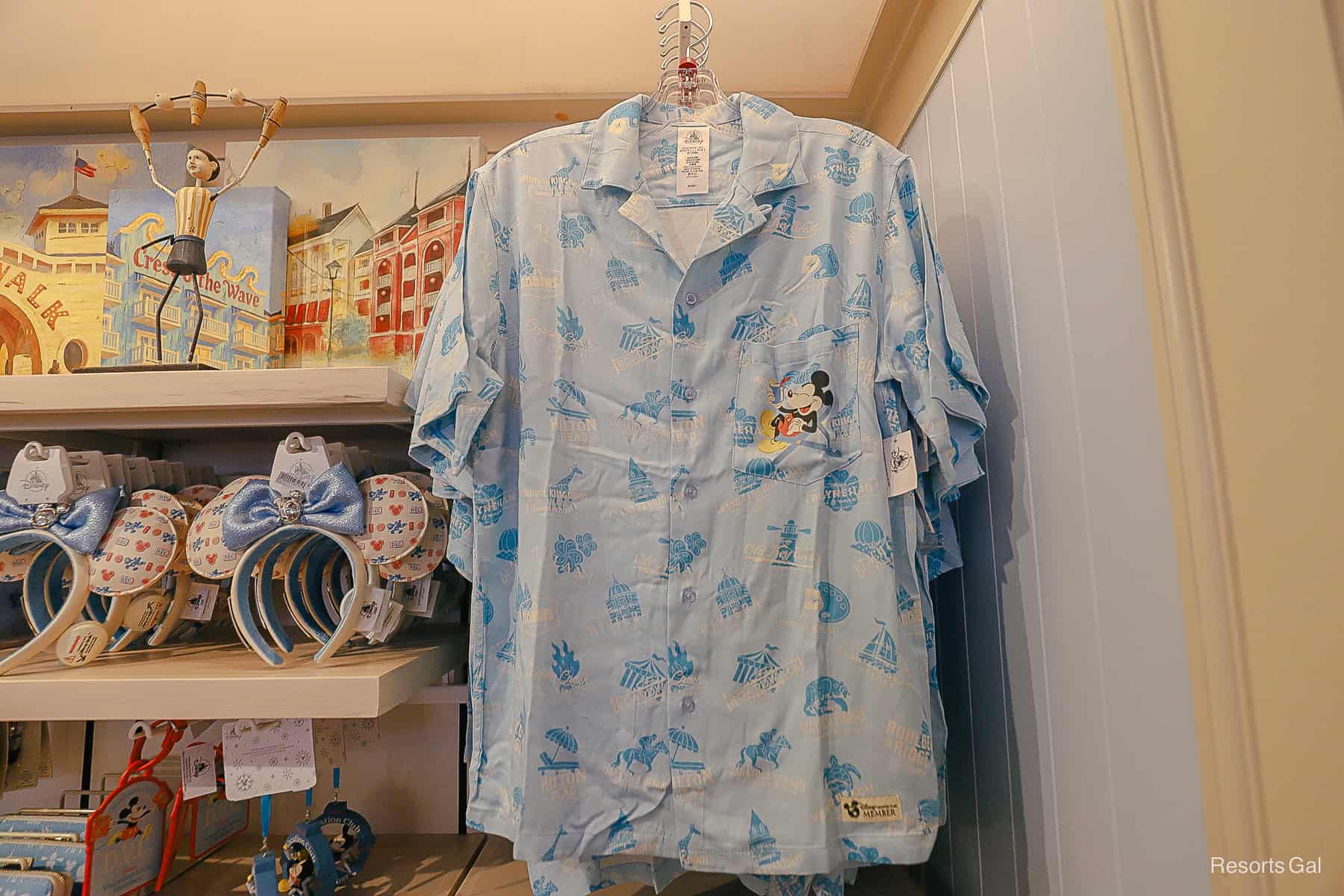 men's button up shirt in blue with Mickey Mouse and the Disney Vacation Club logo