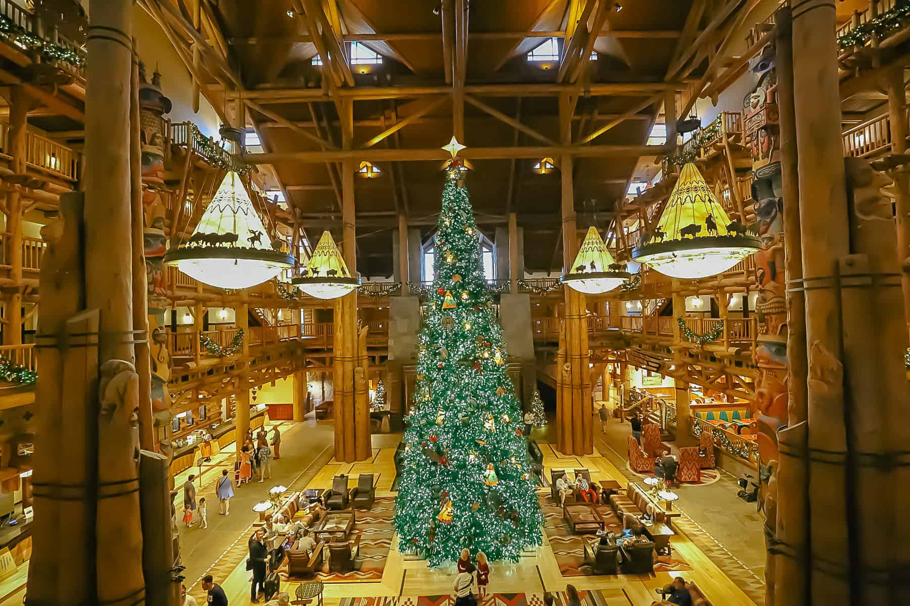 Christmas tree sitting in the center of Disney's Wilderness Lodge 