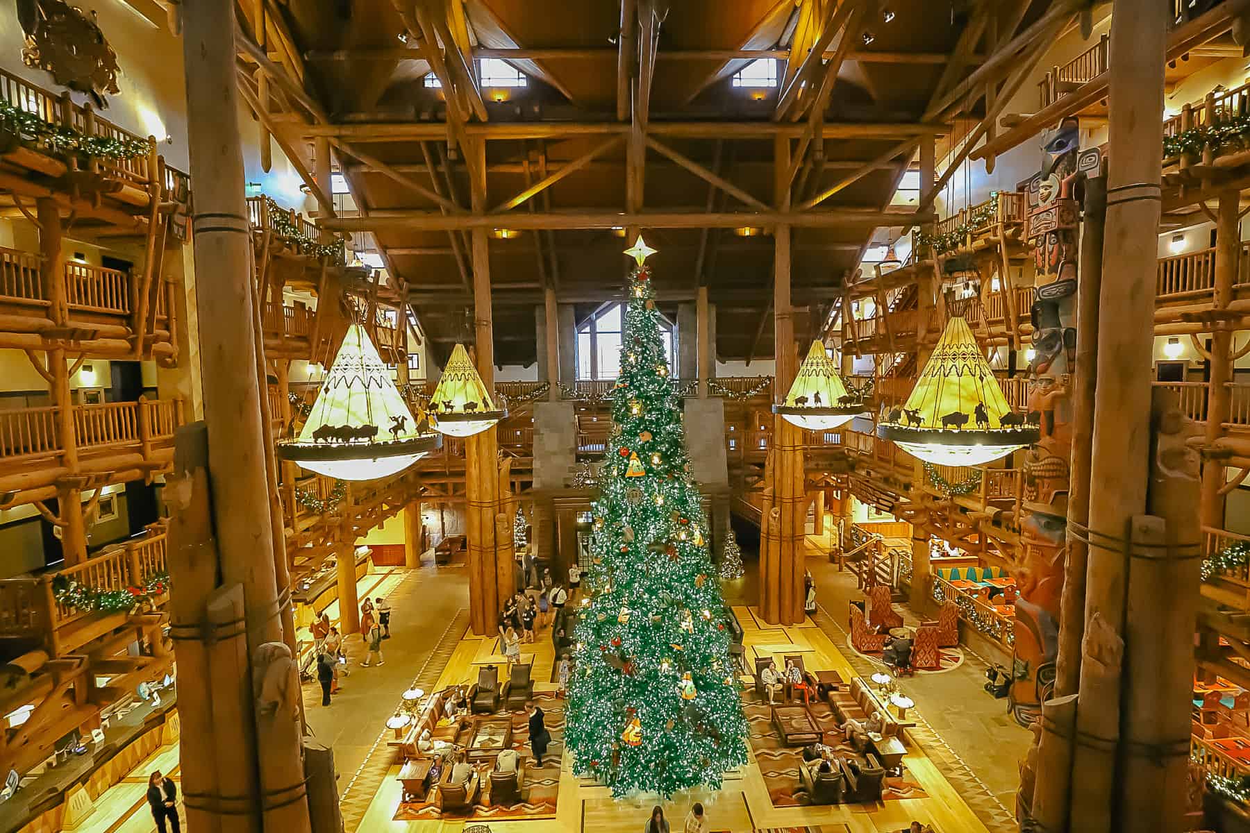 The Wilderness Lodge Christmas Tree centered with a view from upper level.