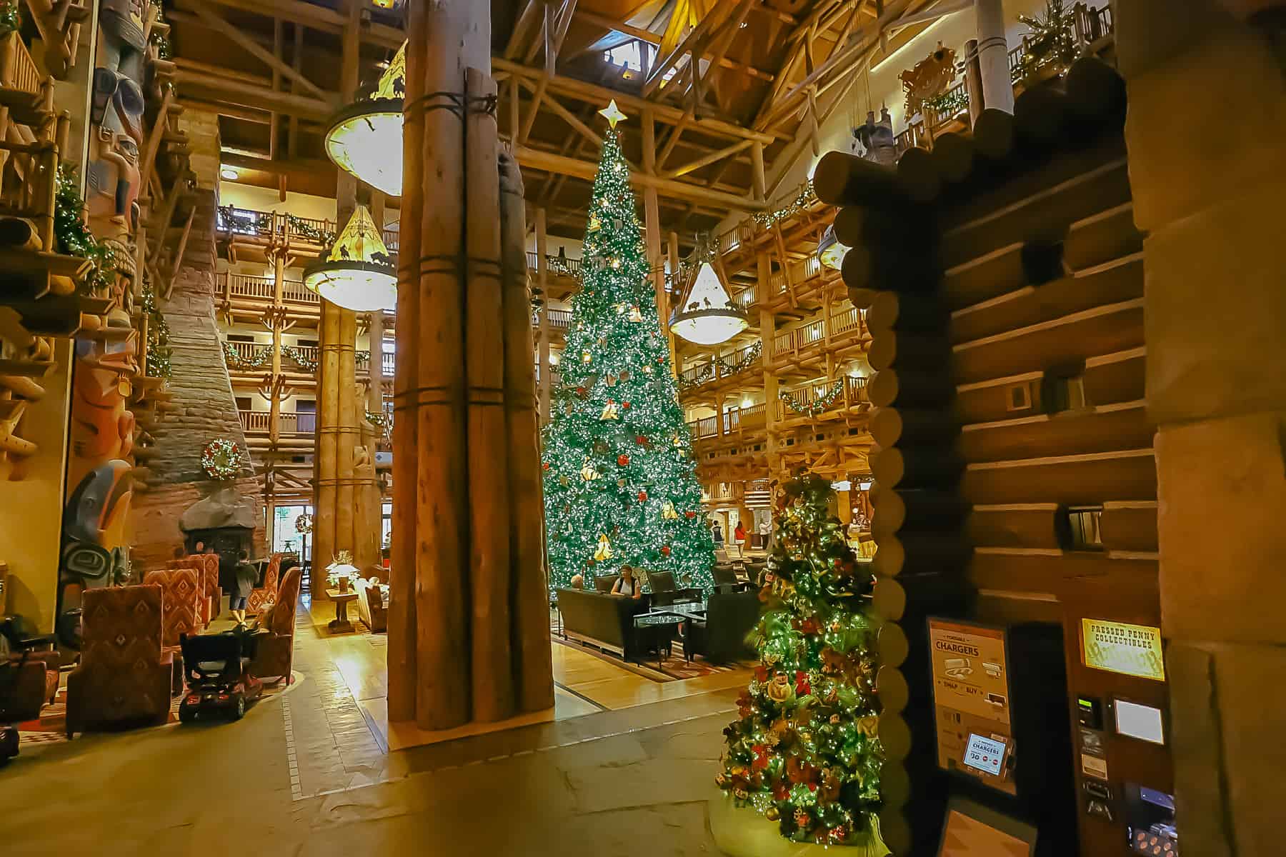 view of the lobby tree from the back of the Wilderness Lodge lobby 