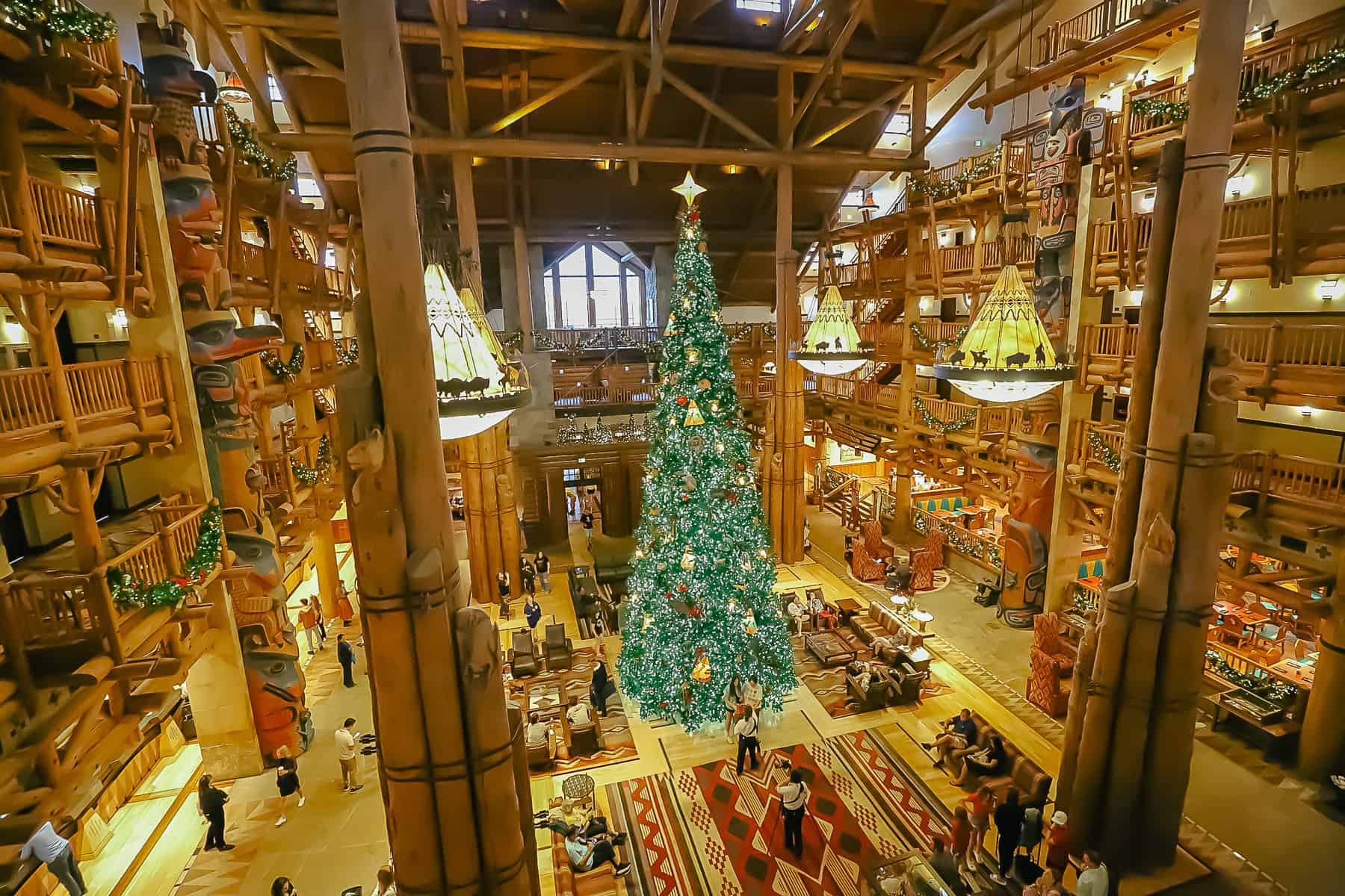 A view of the Christmas Tree from the upper back of the lobby at Disney's Wilderness Lodge. 